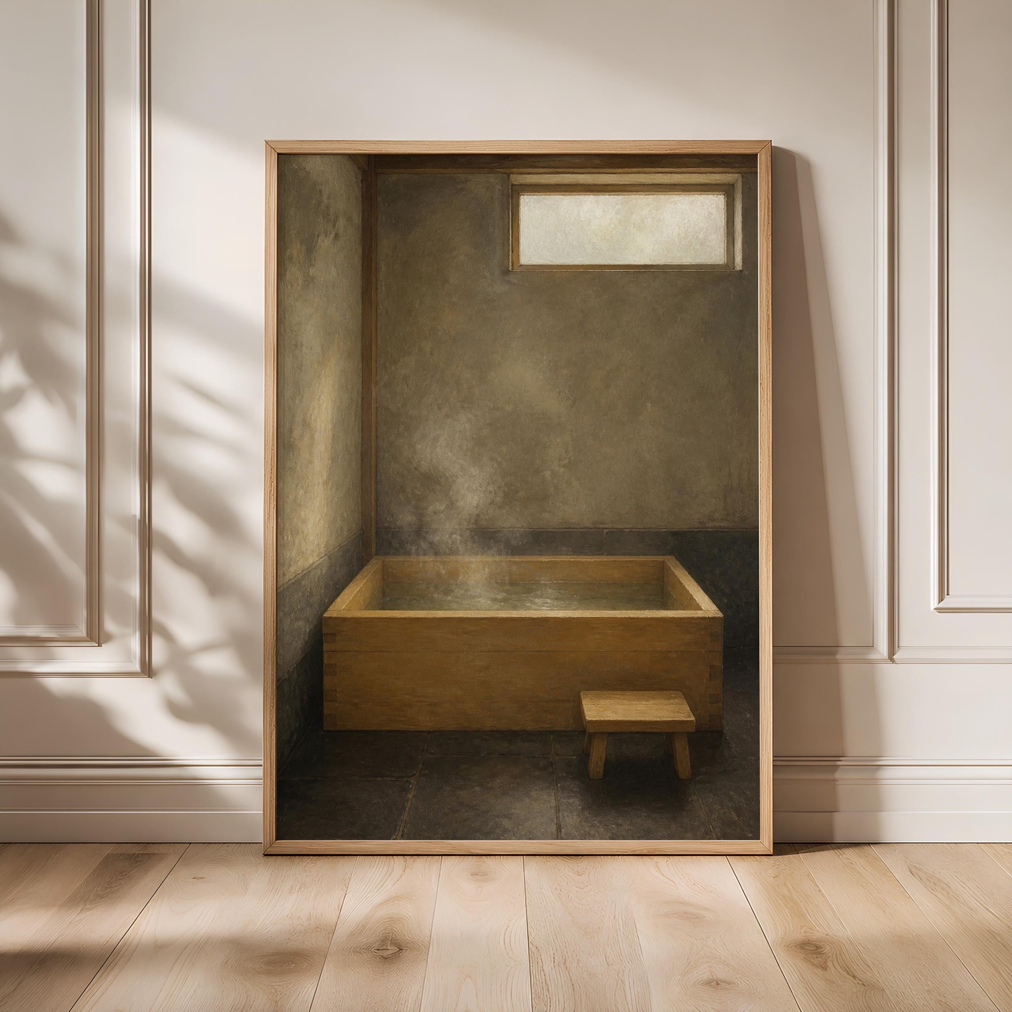 Hinoki Bathtub Wall Art, Japanese Bathhouse Painting, Steamy Wood Bath Decor Print – Calm Wall Art by Artsify