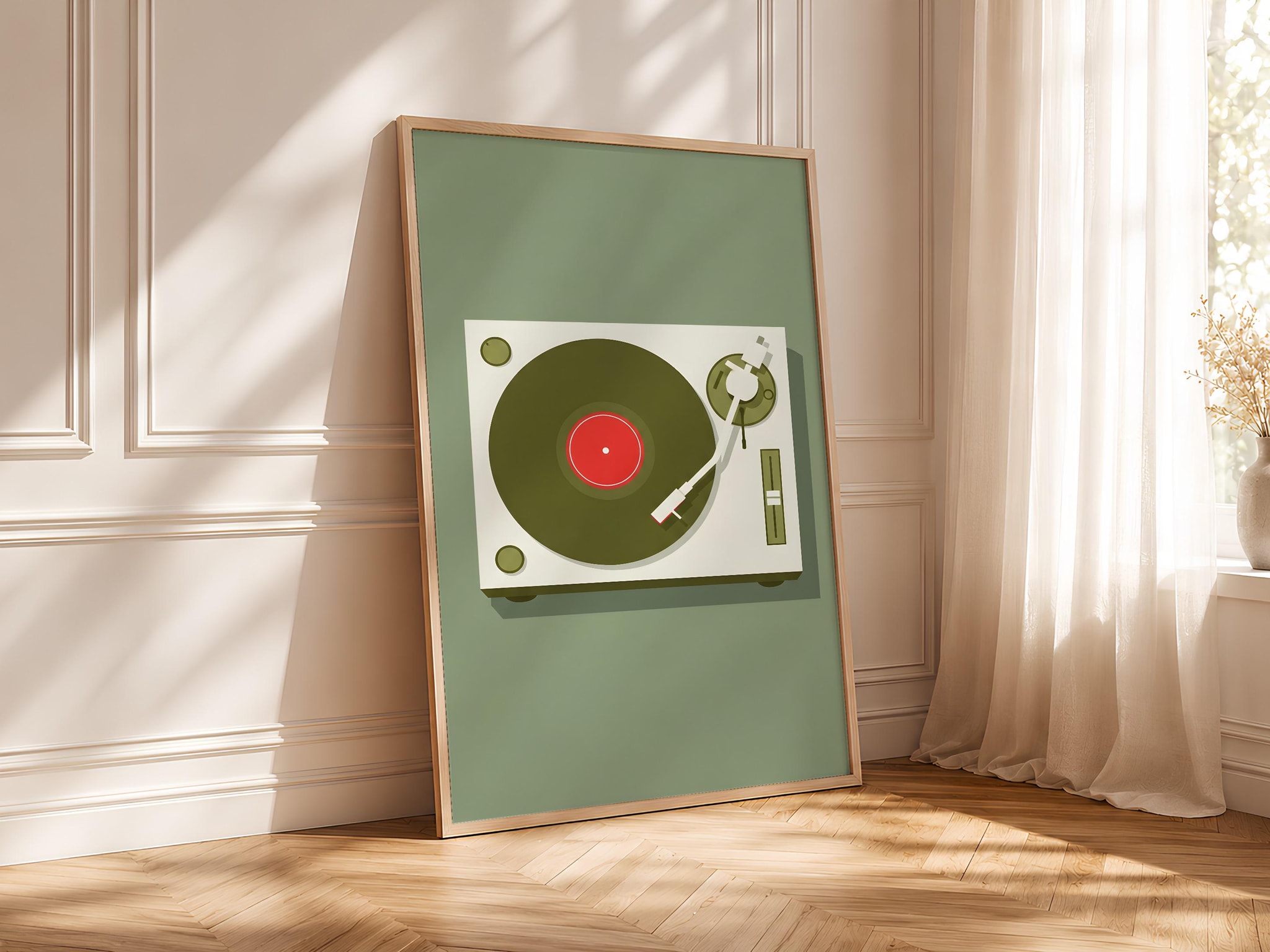 Vintage Turntable Print, Japandi Retro Vinyl Poster, Red Record Wall Art, Music Room Decor, Housewarming Gift – Calm Wall Art by Artsify thumbnail 4