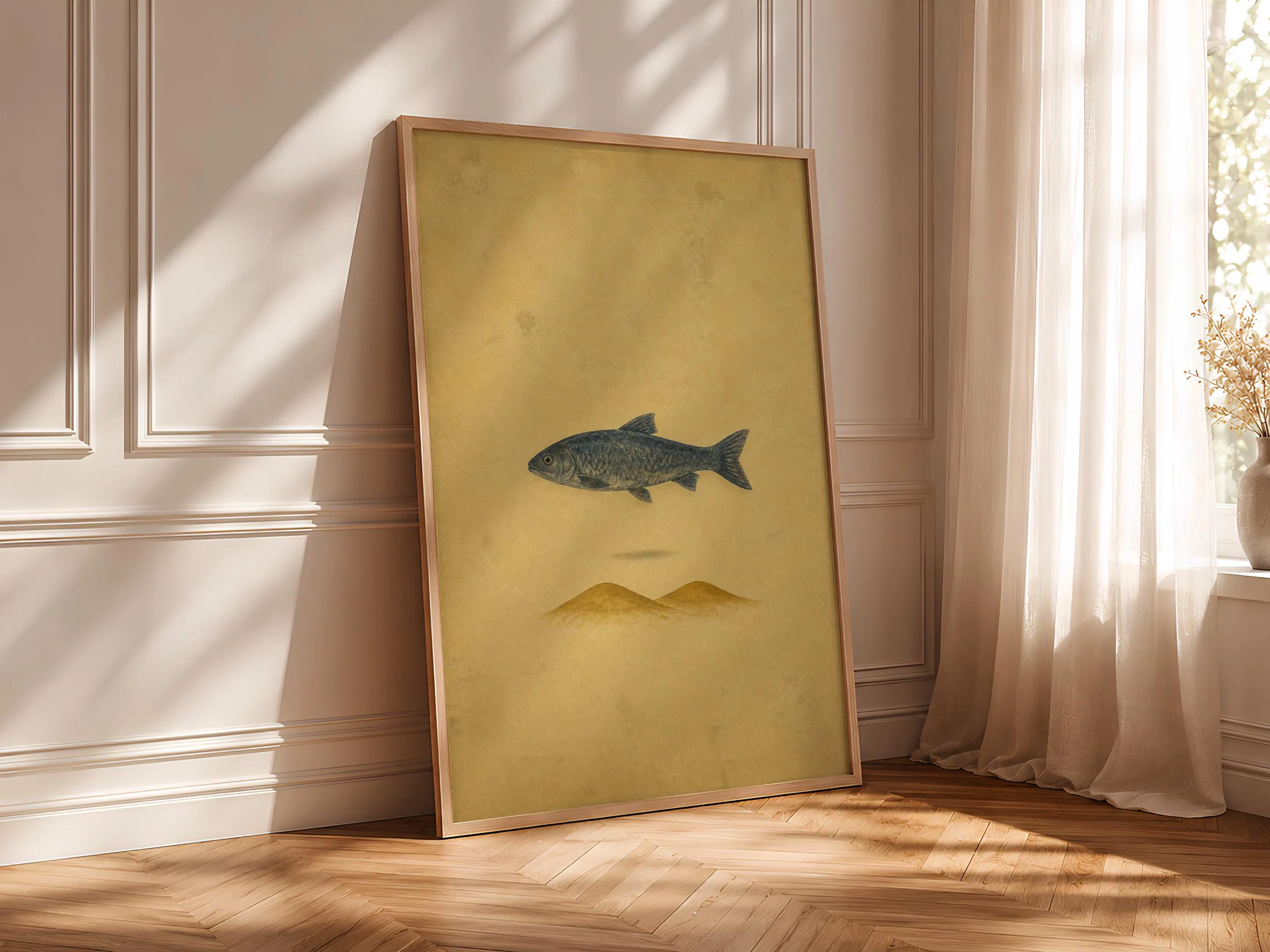 Surreal Desert Fish Wall Art, Minimal Folk Animal Poster, Indigo and Ochre – Calm Wall Art by Artsify thumbnail 4