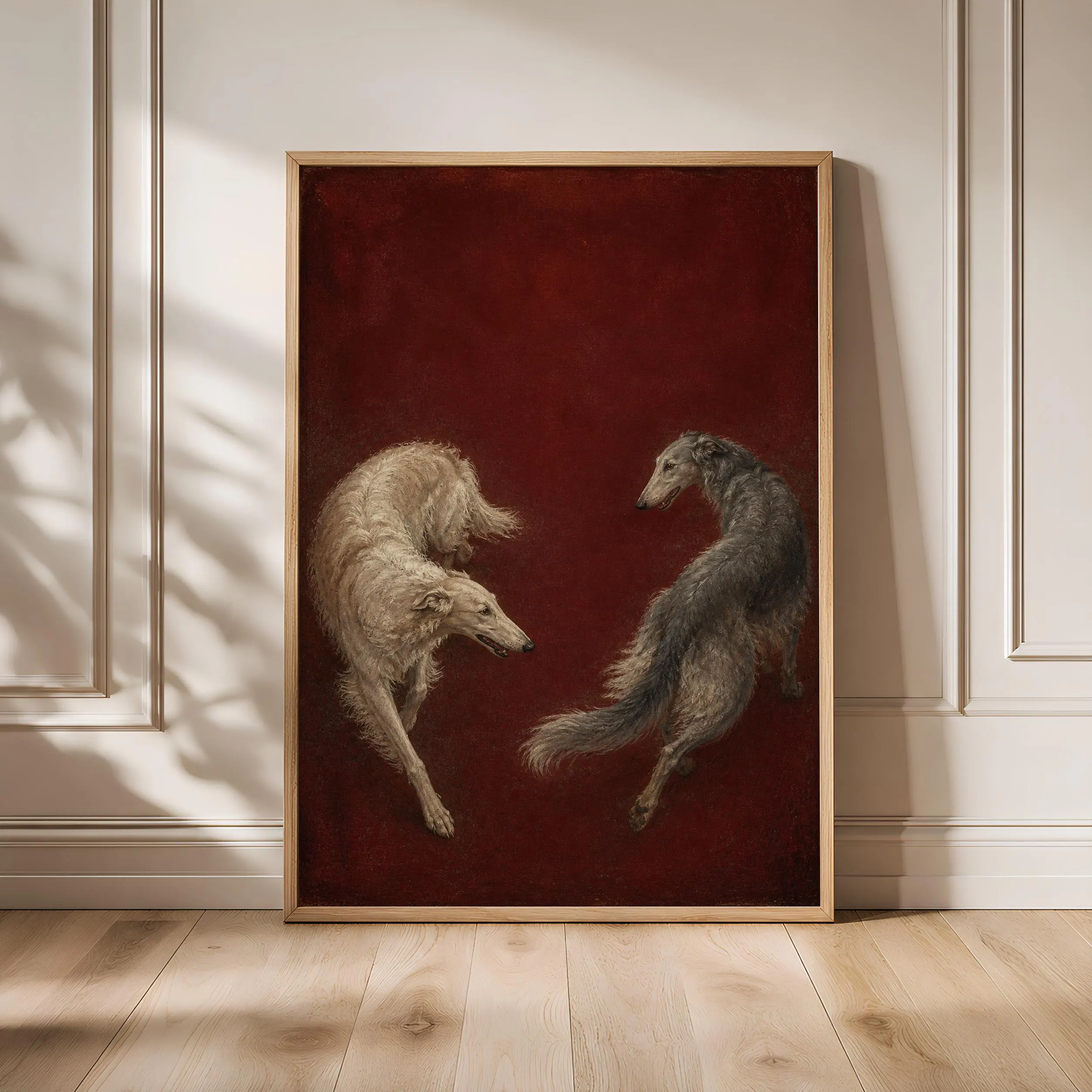 Borzoi Pair Wall Art, Claret Tempera Dog Painting, Vintage Sighthound Print, Housewarming Gift – Calm Wall Art by Artsify