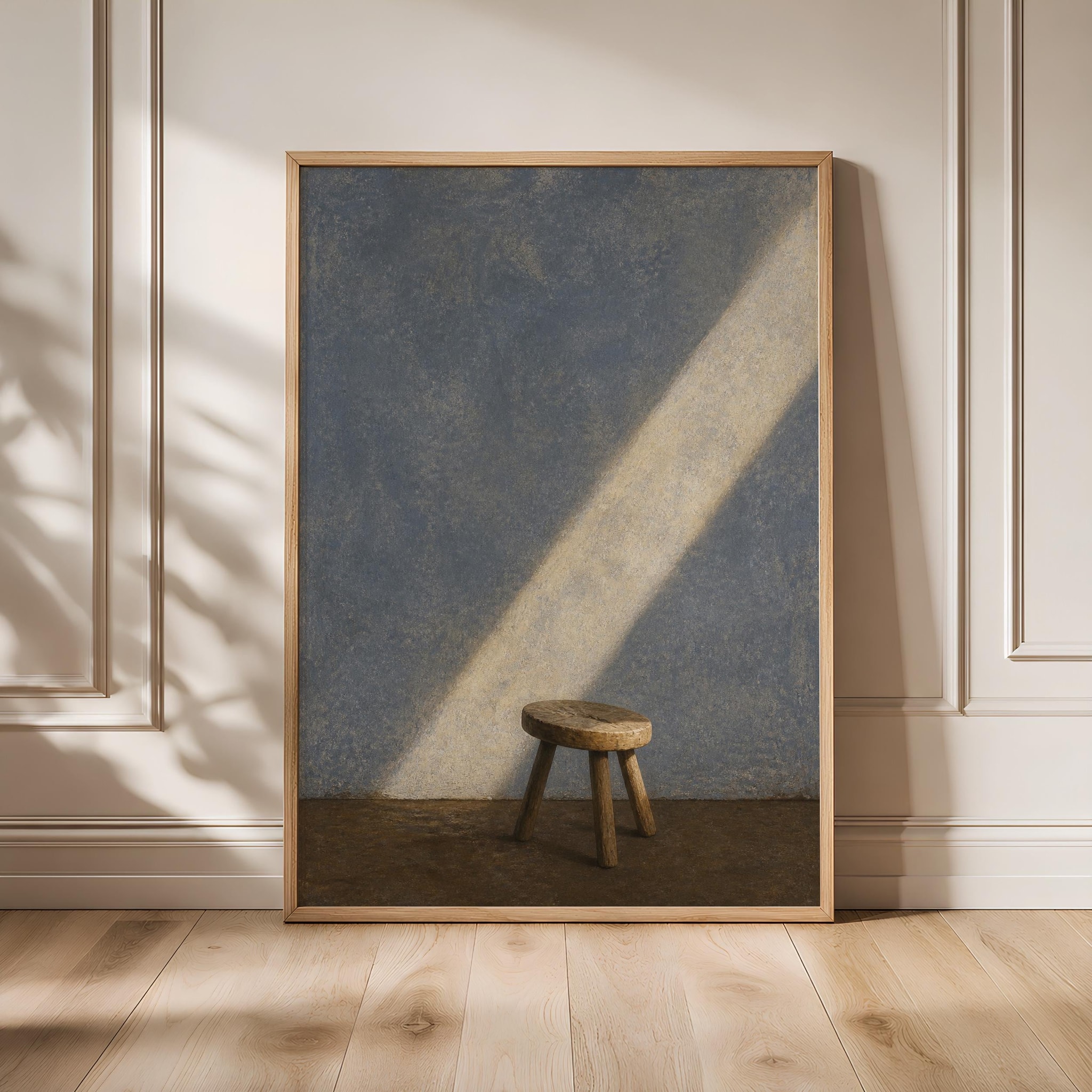 Minimalist Stool Wall Art, Wabi Sabi Winter Light Painting, Blue Grey Still Life Print – Calm Wall Art by Artsify