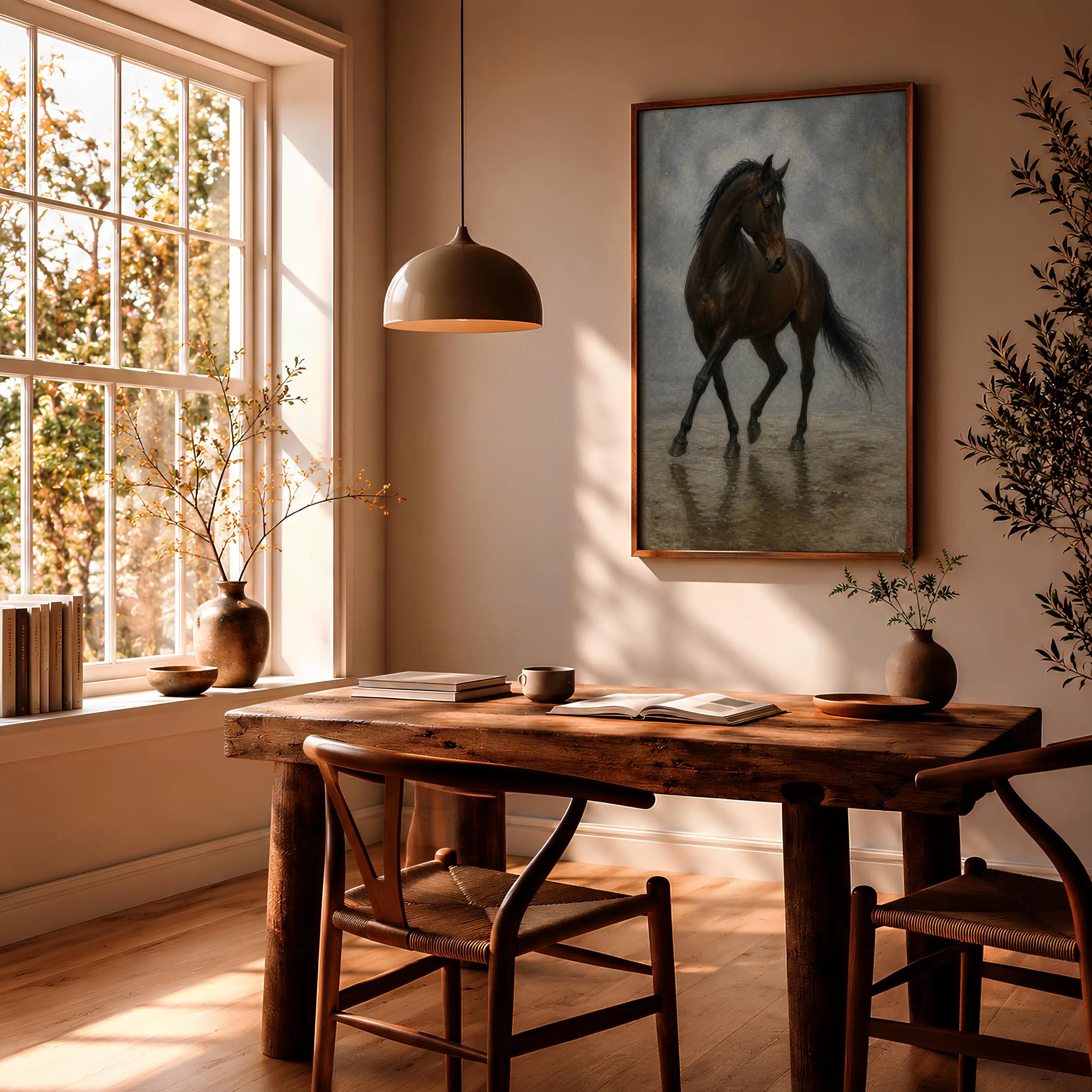 Bay Horse Wall Art, Moody Equestrian Painting, Misty Rain Rustic Decor Print – Calm Wall Art by Artsify thumbnail 2
