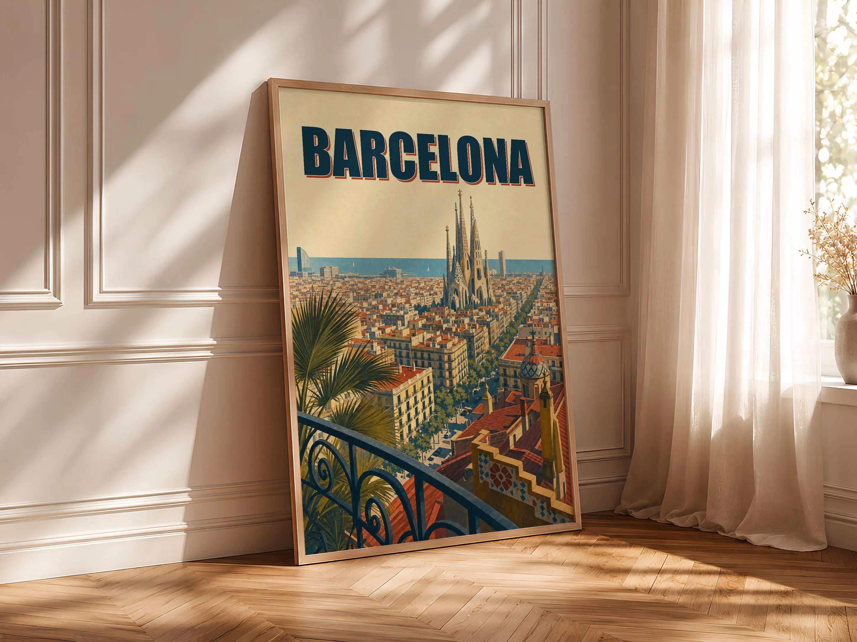 Barcelona Travel Poster Print, Vintage Skyline Wall Art, Bold Typography Poster, City Name Wall Decor, Housewarming Gift – Calm Wall Art by Artsify thumbnail 4