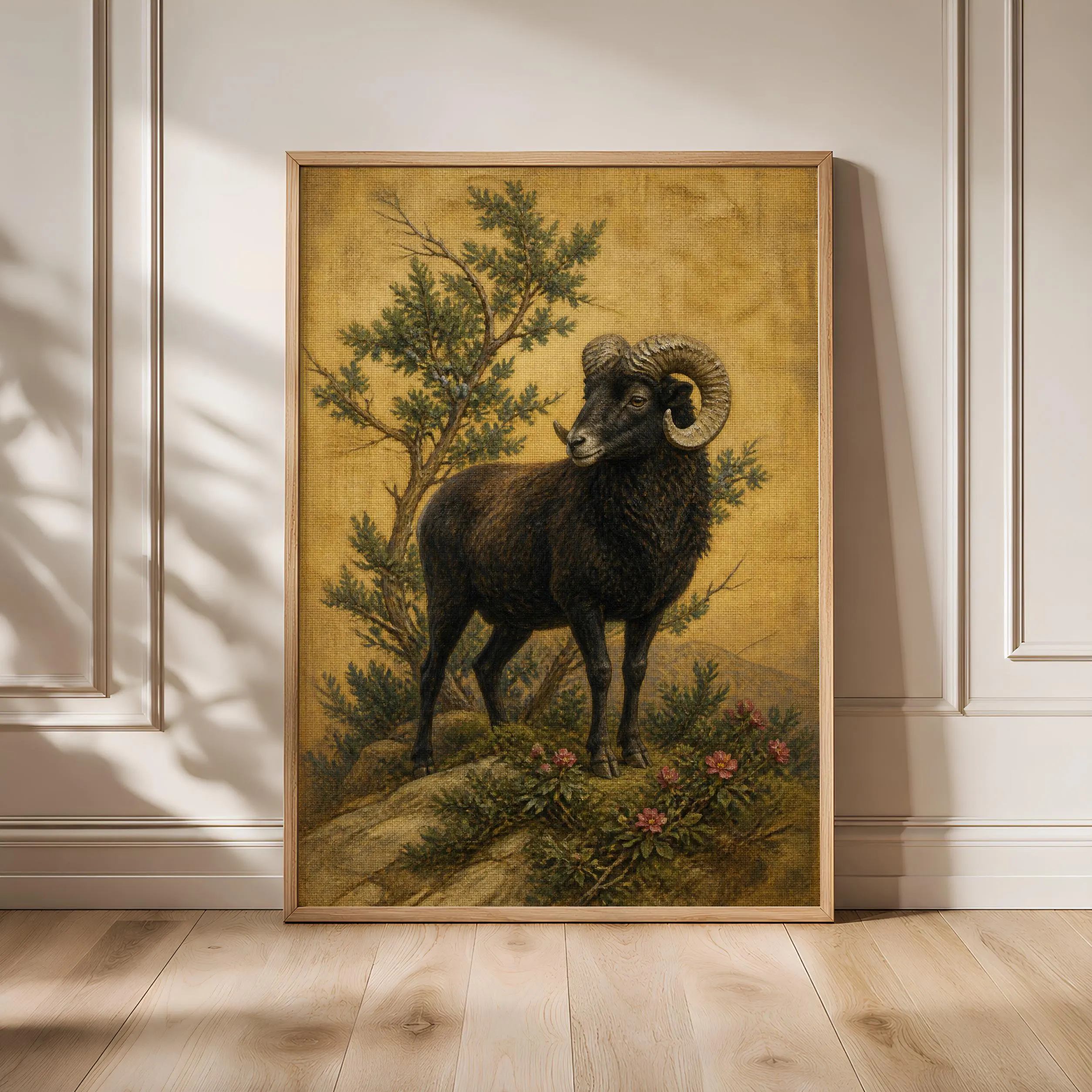 Black Ram Wall Art, Arts and Crafts Animal Oil Painting, Alpine Botanical Decor – Calm Wall Art by Artsify