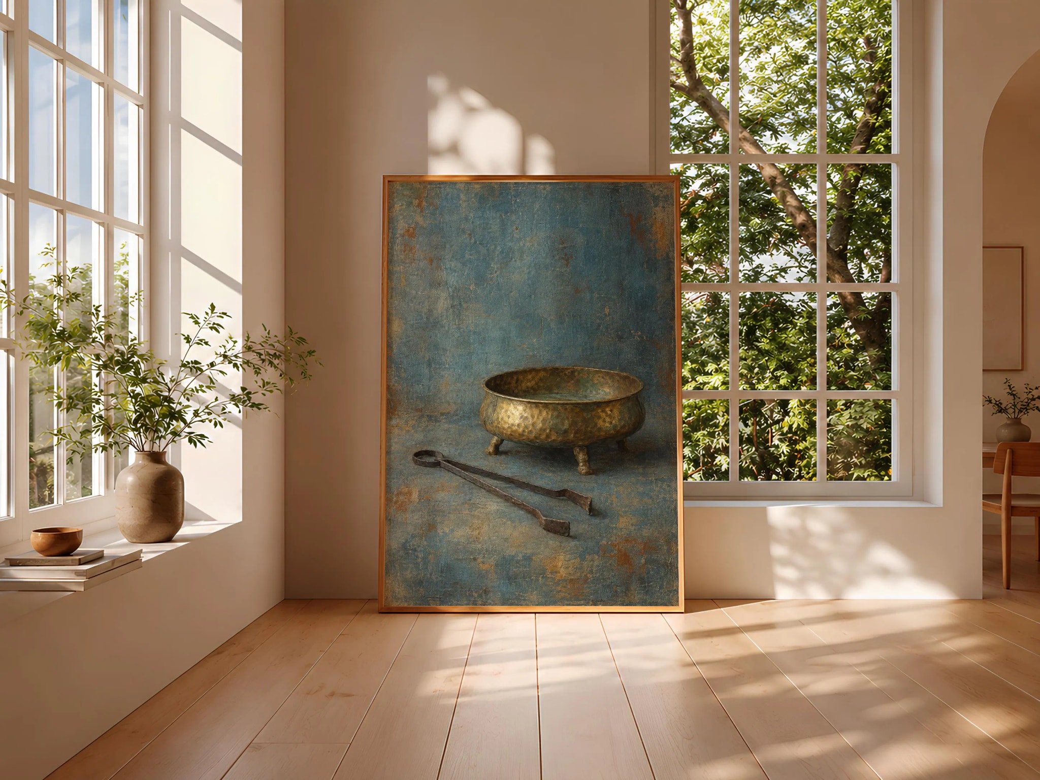 Antique Brass Brazier Wall Art, Rustic Old World Still Life Painting – Calm Wall Art by Artsify thumbnail 3