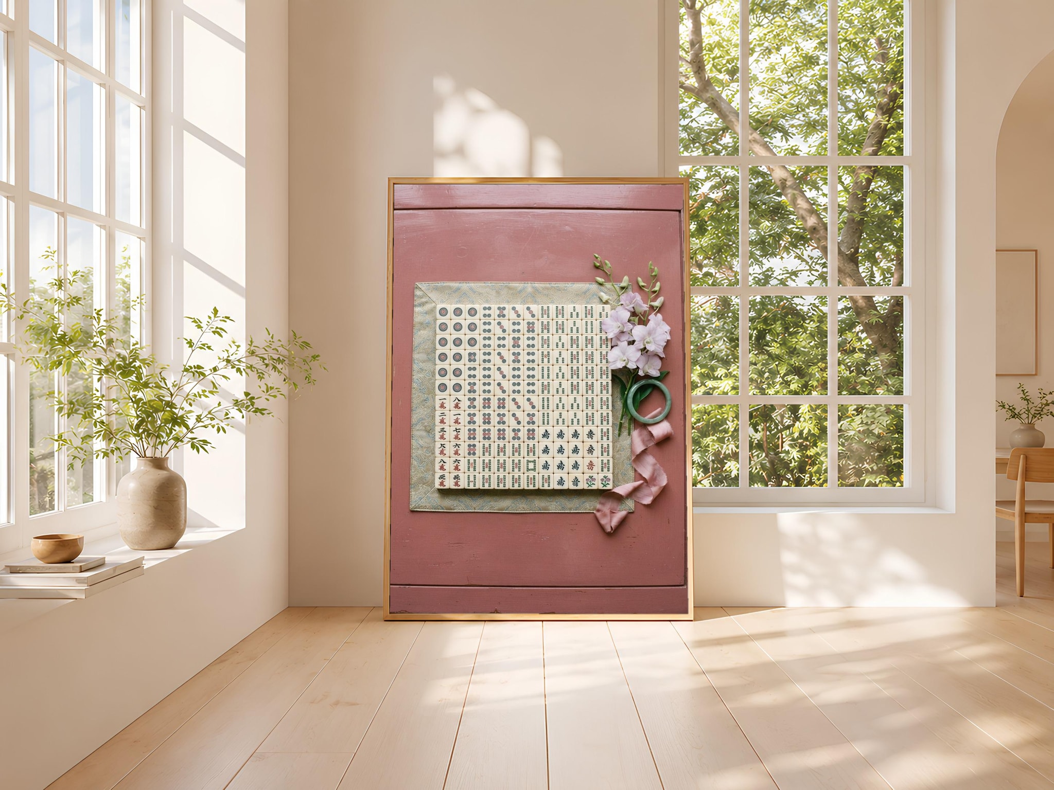Mahjong Orchid Still Life Print, Chinoiserie Game Room Poster, Dusty Rose Wall Art, Housewarming Gift – Calm Wall Art by Artsify thumbnail 3