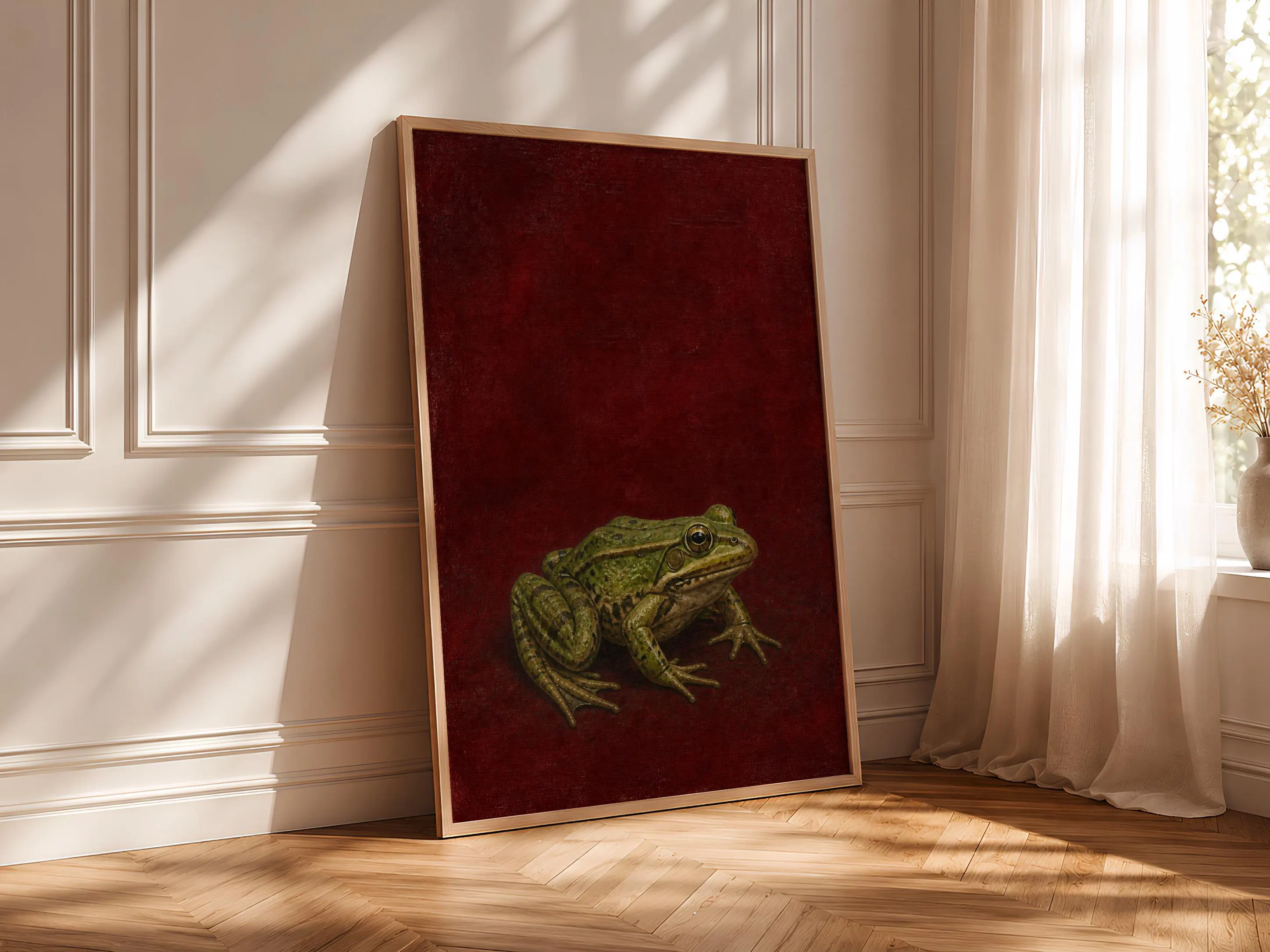 Frog Wall Art, Oxblood Jute Tempera Painting, Minimalist Animal Print, Housewarming Gift – Calm Wall Art by Artsify thumbnail 4