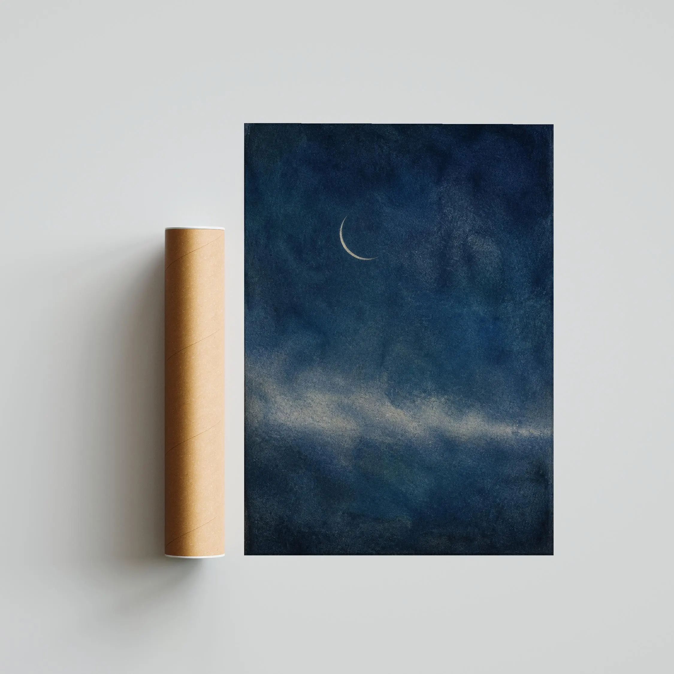 Crescent Moon Wall Art, Minimalist Night Sky Painting, Indigo Blue Celestial Print – Calm Wall Art by Artsify thumbnail 5