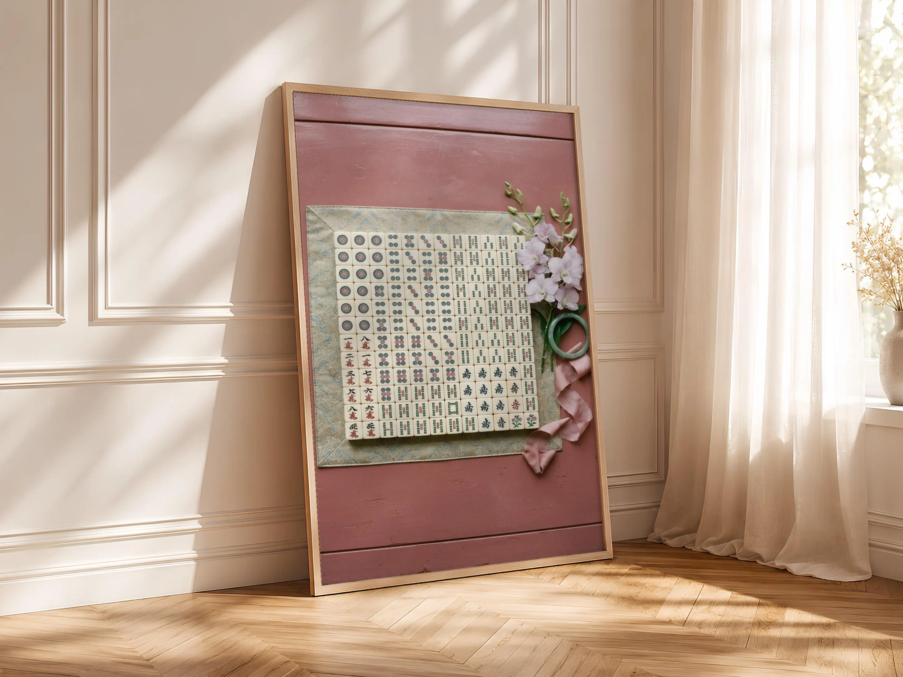 Mahjong Orchid Still Life Print, Chinoiserie Game Room Poster, Dusty Rose Wall Art, Housewarming Gift – Calm Wall Art by Artsify thumbnail 4