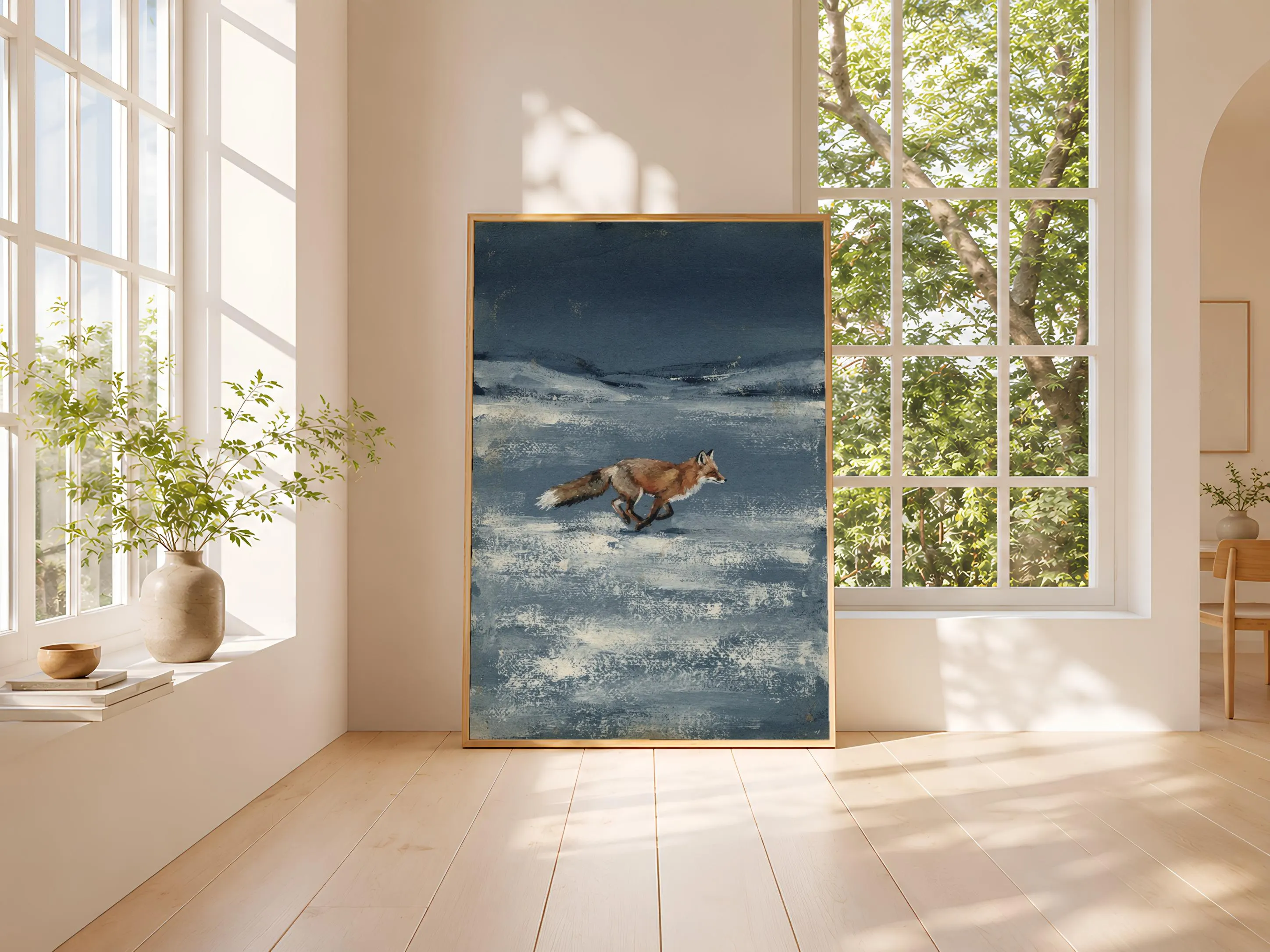 Running Fox Wall Art, Indigo Minimalist Winter Painting, Vintage Woodland Print, Housewarming Gift – Calm Wall Art by Artsify thumbnail 3