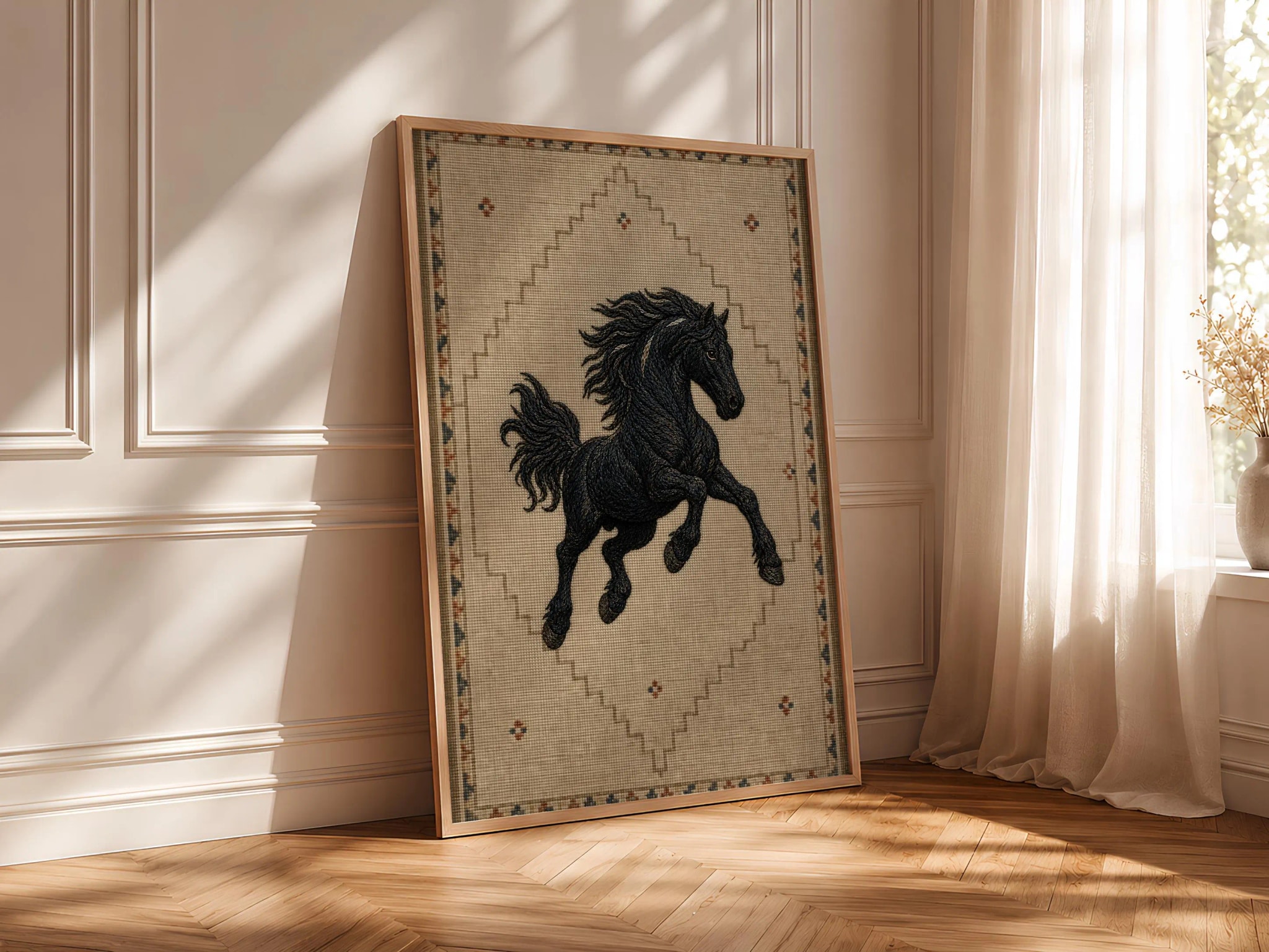 Embroidered Black Horse Print, Minimalist Kilim Wall Art, Tan Boho Poster, Housewarming Gift – Calm Wall Art by Artsify thumbnail 4