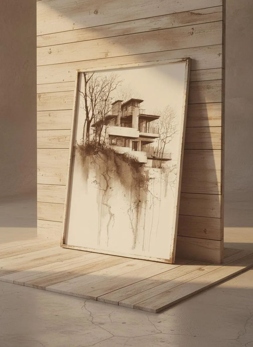Modern Cliff House Art Print, Black and White Ink Drawing – Calm Wall Art by Artsify thumbnail 4