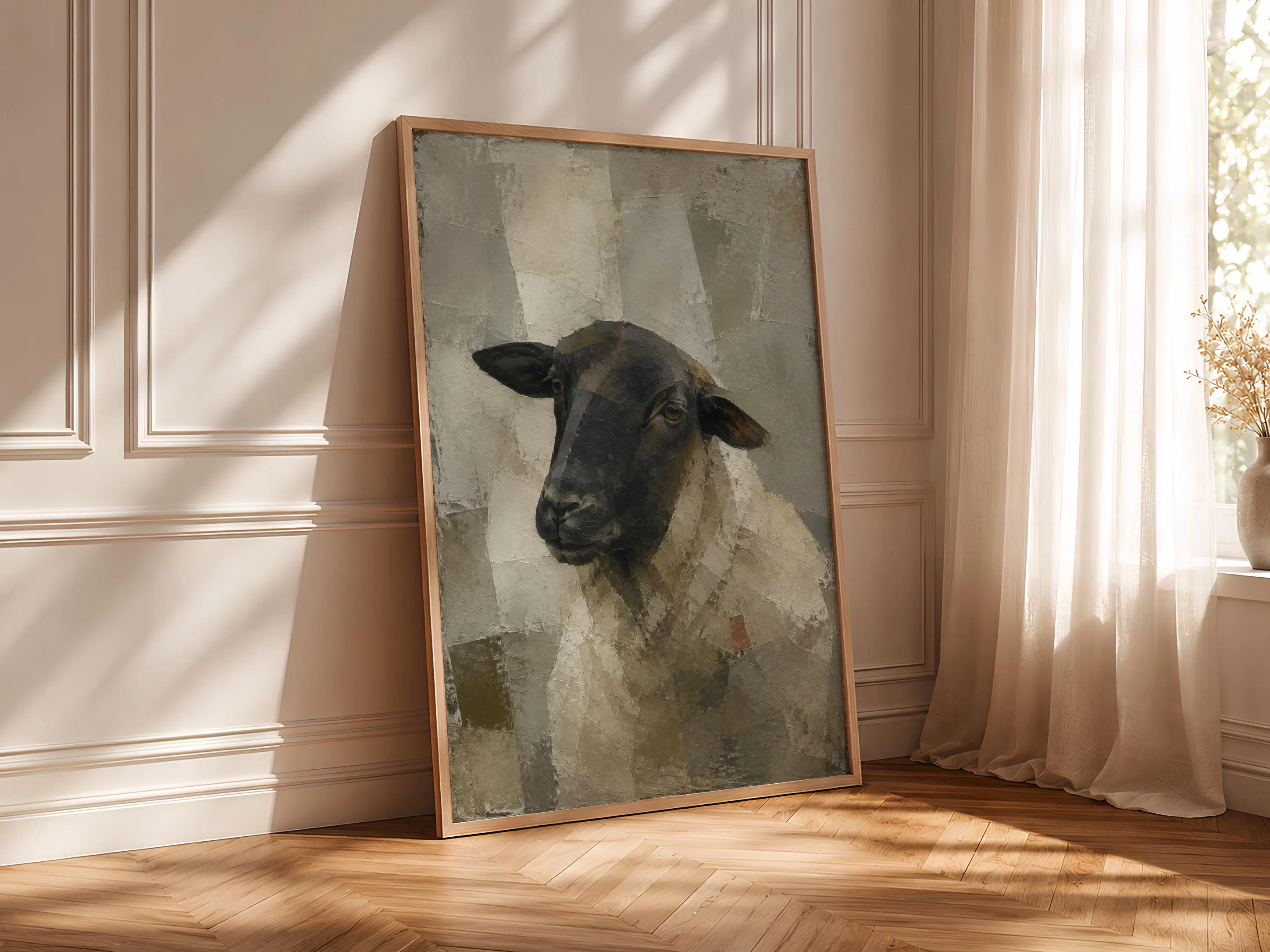 Black-Faced Sheep Wall Art, Geometric Animal Oil Painting – Calm Wall Art by Artsify thumbnail 4