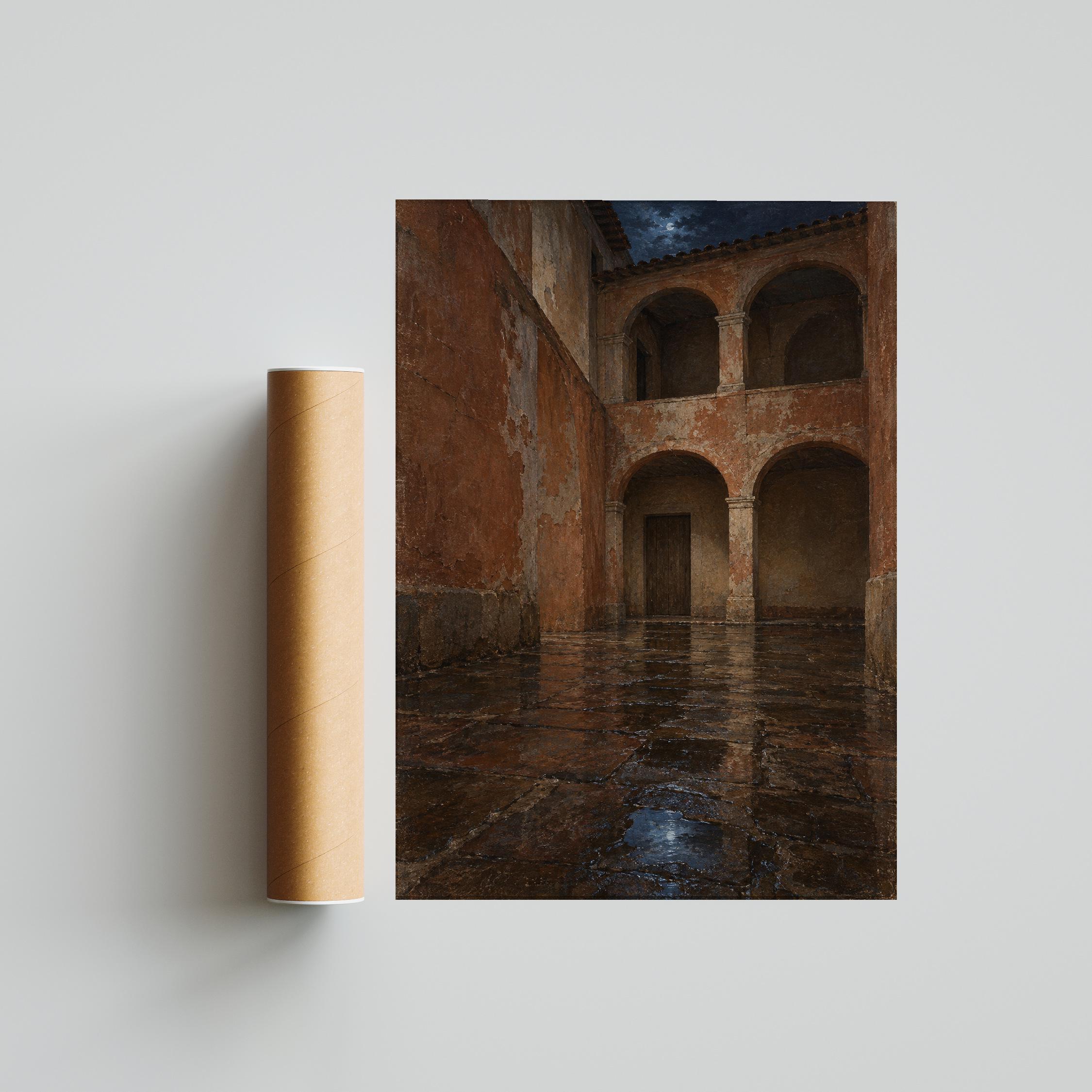 Terracotta Courtyard Wall Art, Rainy Arcade Oil Painting, Moody Mediterranean Decor – Calm Wall Art by Artsify thumbnail 5