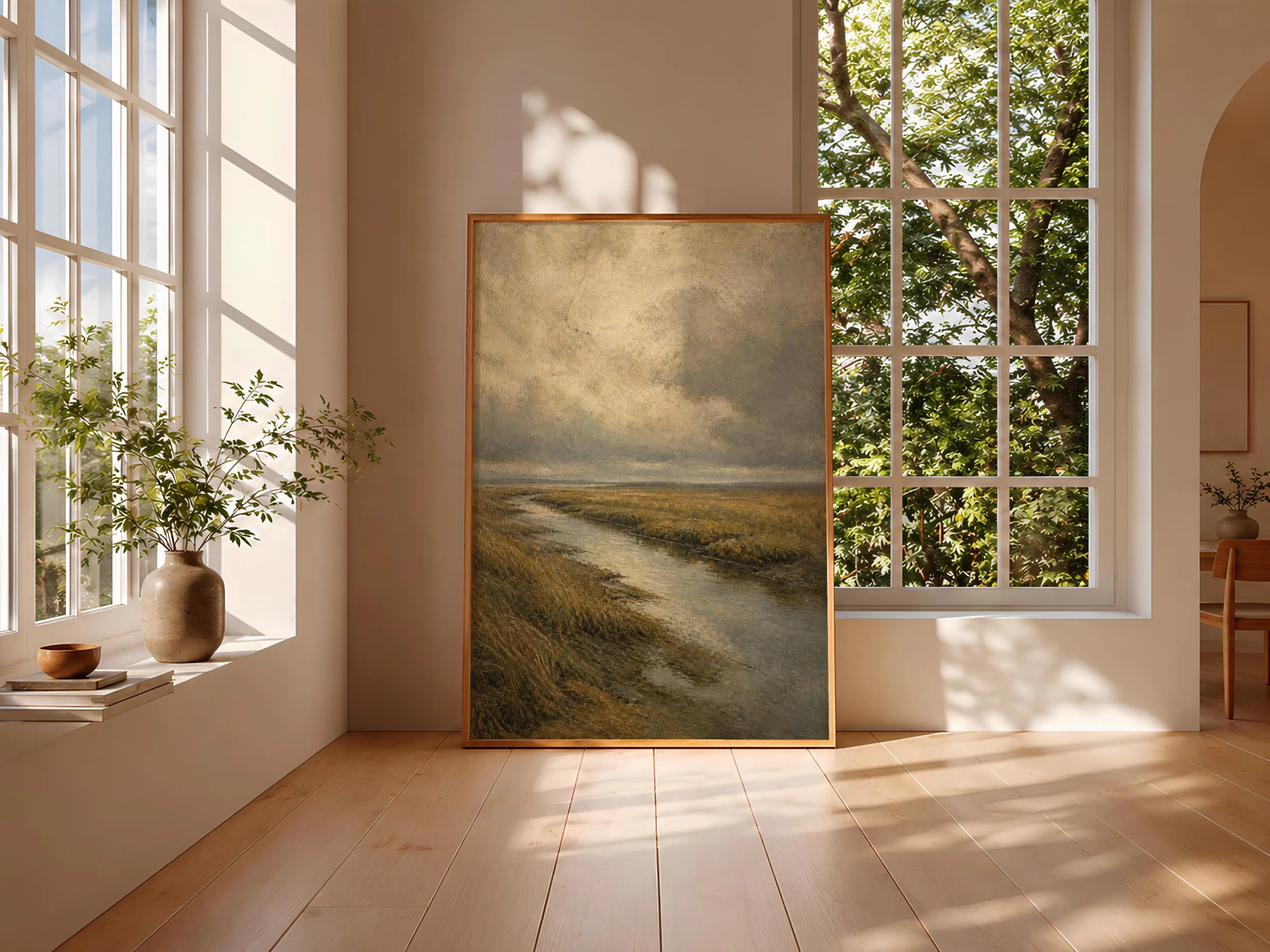 Salt Marsh Wall Art, Muted Coastal Oil Painting Print – Calm Wall Art by Artsify thumbnail 3