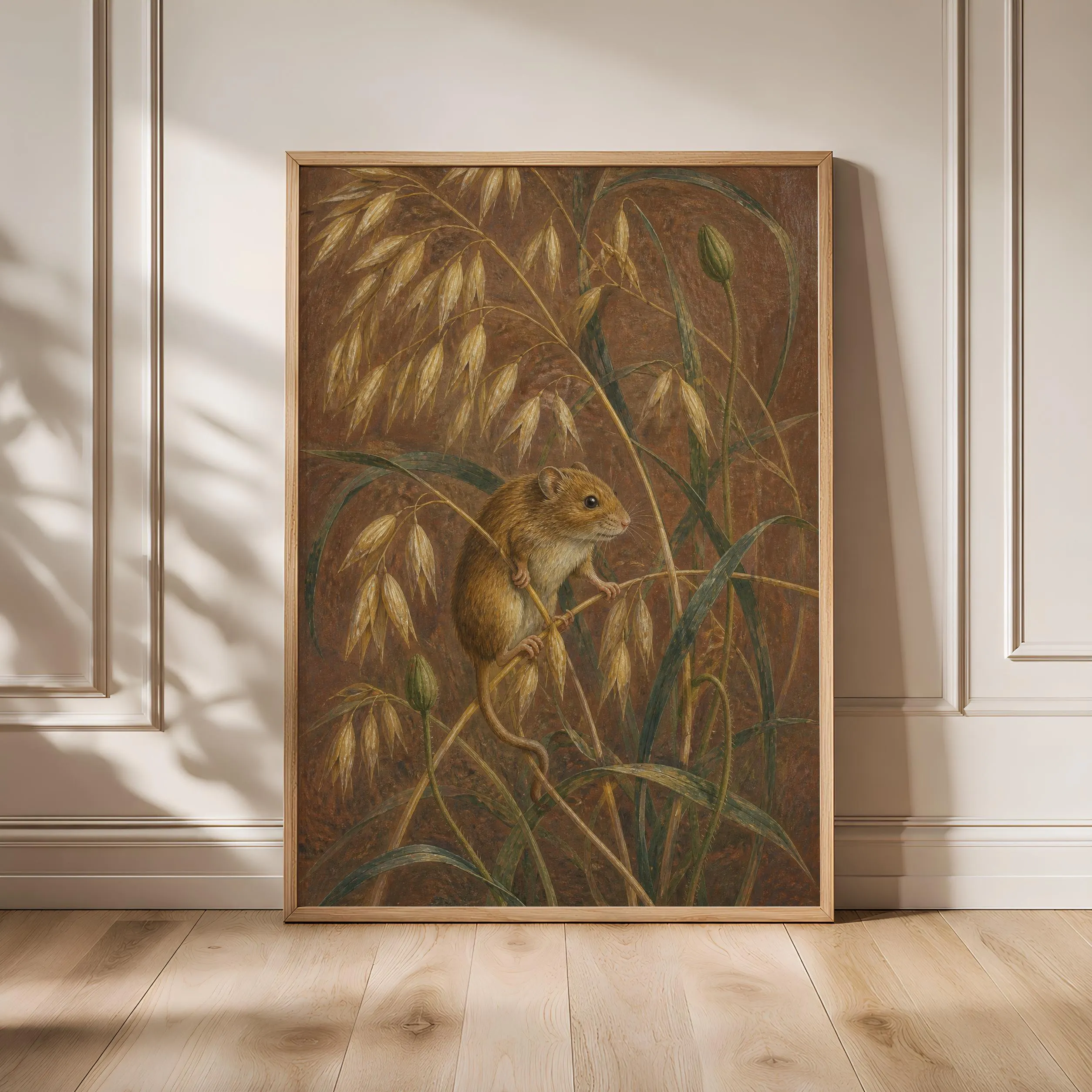 Harvest Mouse Wall Art, Vintage Naturalist Illustration, Warm Tan Meadow Decor Print – Calm Wall Art by Artsify
