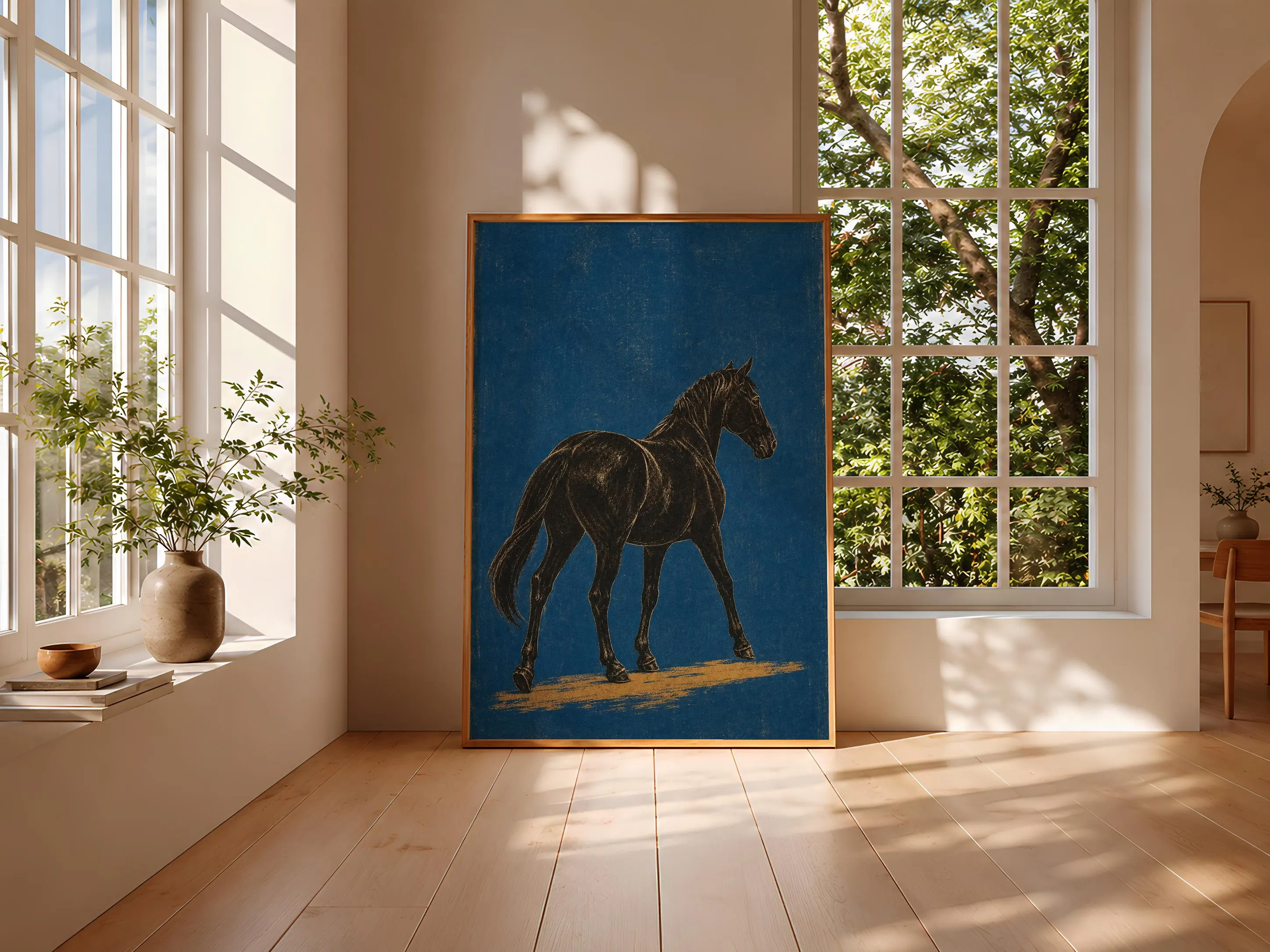 Vintage Horse Poster Print, Minimalist Equestrian Wall Art, Blue Horse Decor, Mid Century Western Art, Housewarming Gift – Calm Wall Art by Artsify thumbnail 3