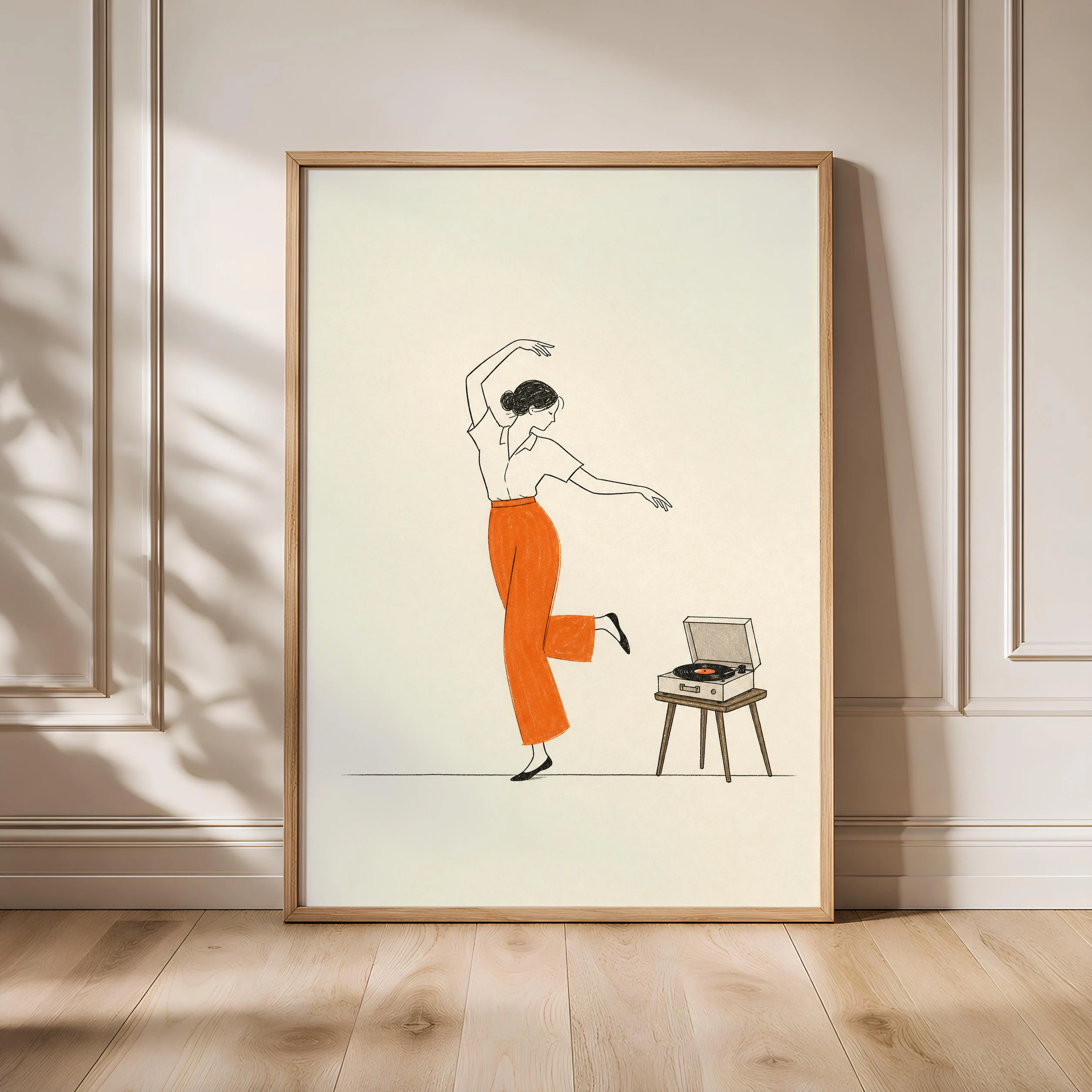 Retro Dancing Woman Print, Mid Century Record Player Wall Art, Orange Music Poster, Minimalist Line Art Decor, Housewarming Gift – Calm Wall Art by Artsify