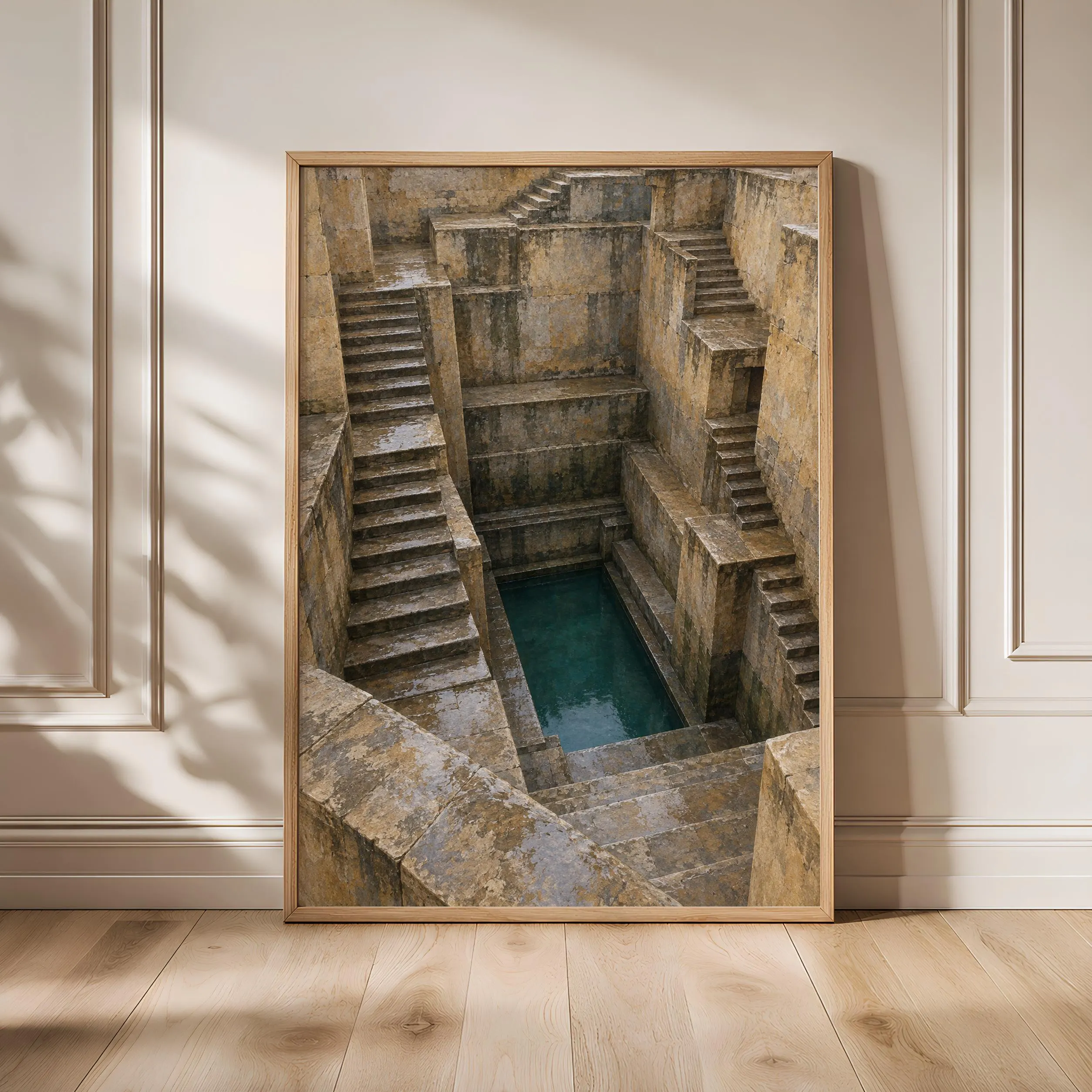 Indian Stepwell Wall Art, Moody Architectural Tempera Painting, Earth Tone Decor – Calm Wall Art by Artsify