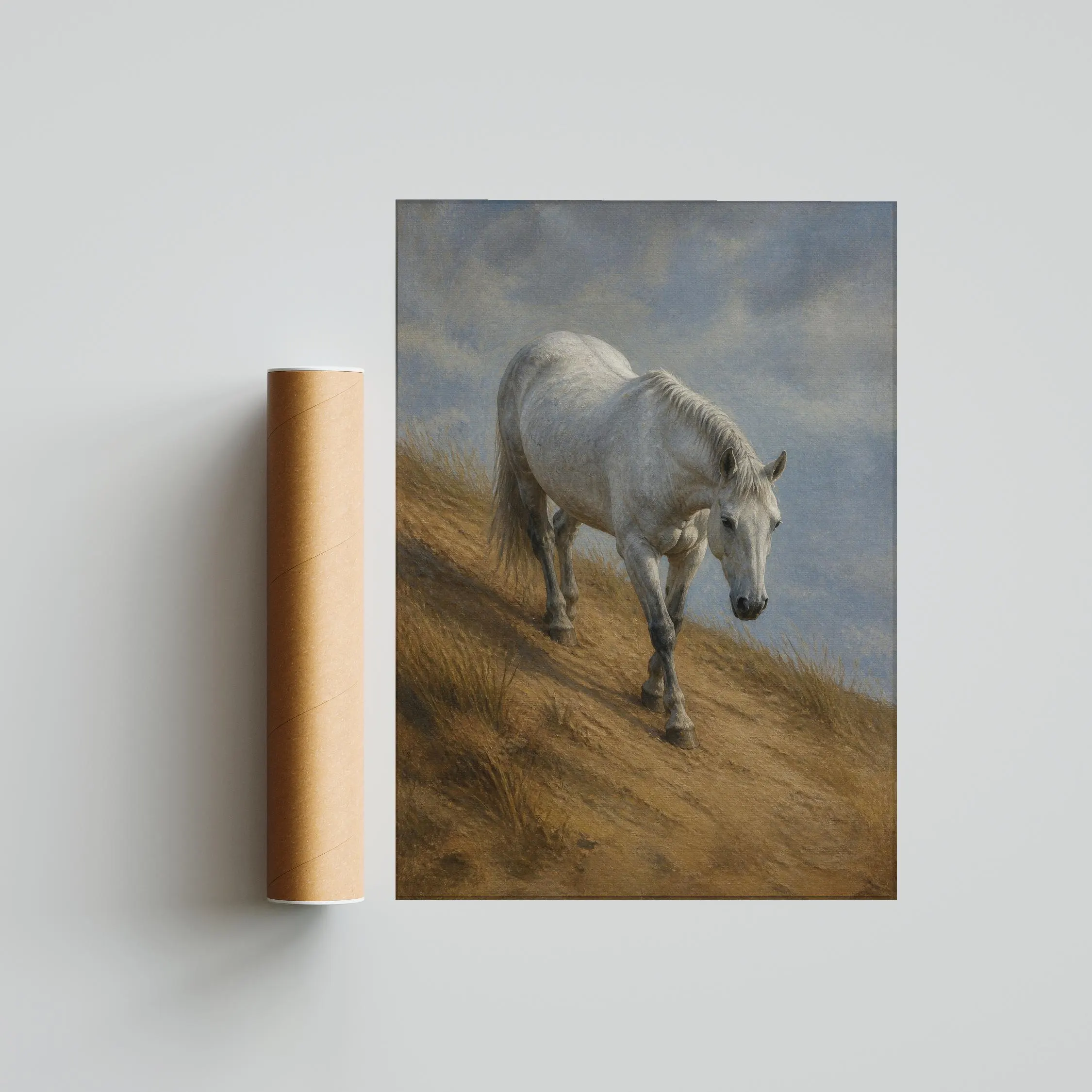 Grey Horse Wall Art, Winter Dune Painting, Pale Blue Coastal Decor Print – Calm Wall Art by Artsify thumbnail 5