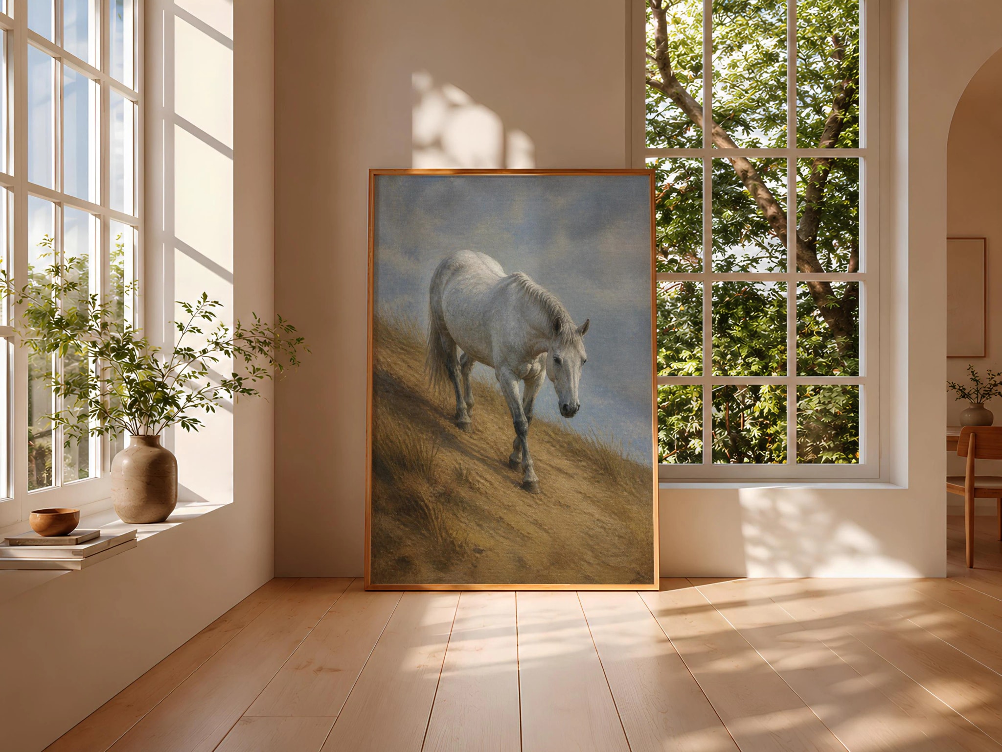 Grey Horse Wall Art, Winter Dune Painting, Pale Blue Coastal Decor Print – Calm Wall Art by Artsify thumbnail 3