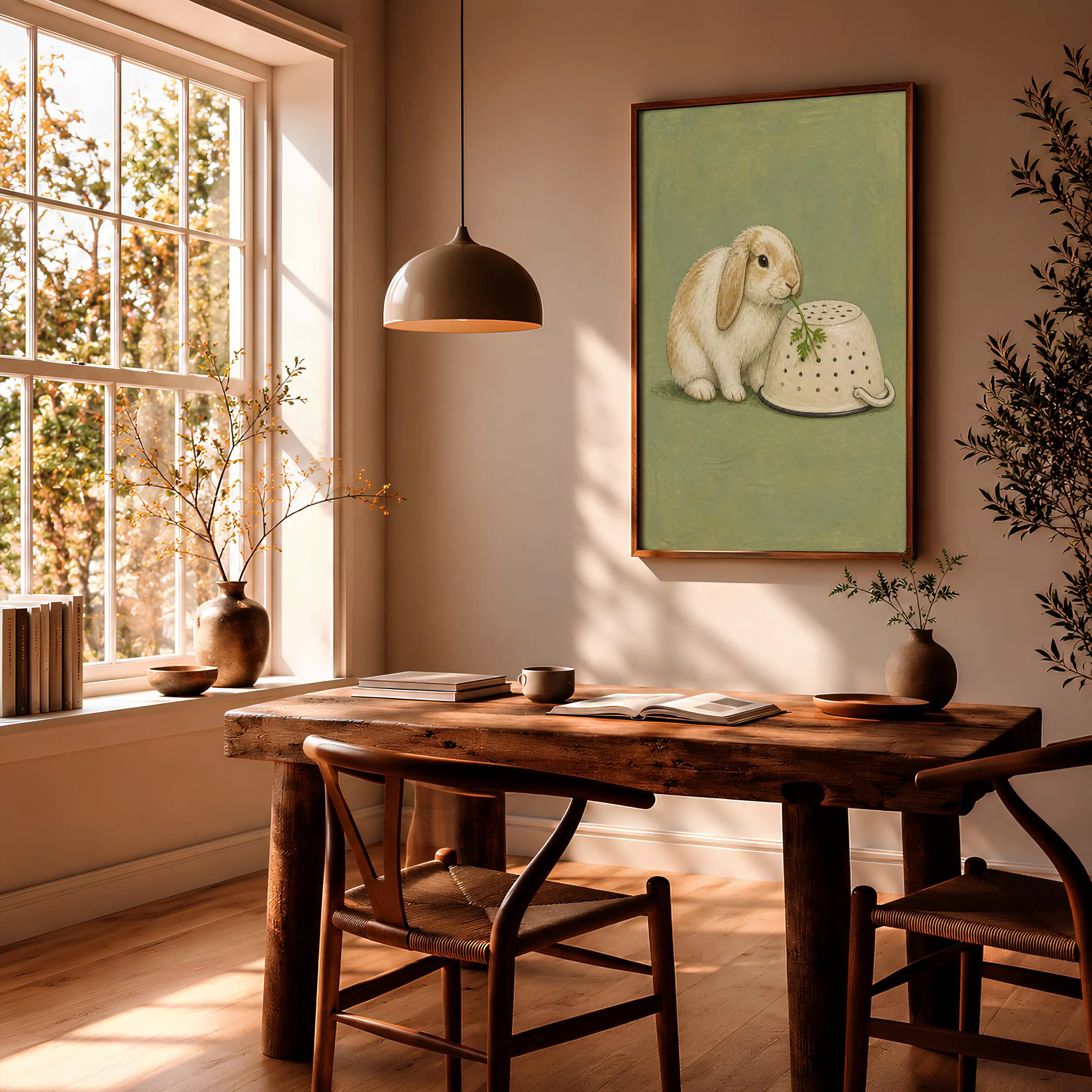 Funny Rabbit Kitchen Art, Lop Bunny and Colander, Minimalist Pet Print – Calm Wall Art by Artsify thumbnail 2