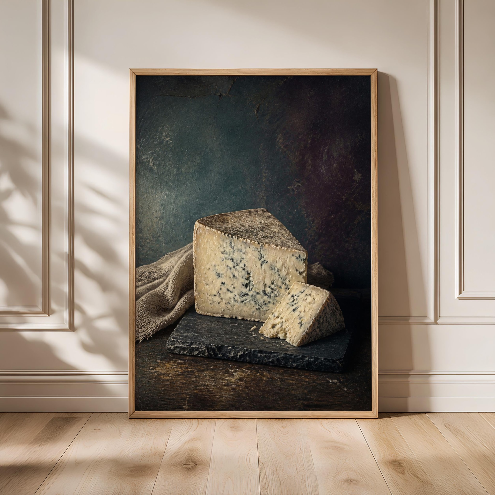 Blue Cheese Wall Art, Rustic Cellar Still Life, Moody Dark Kitchen Print – Calm Wall Art by Artsify