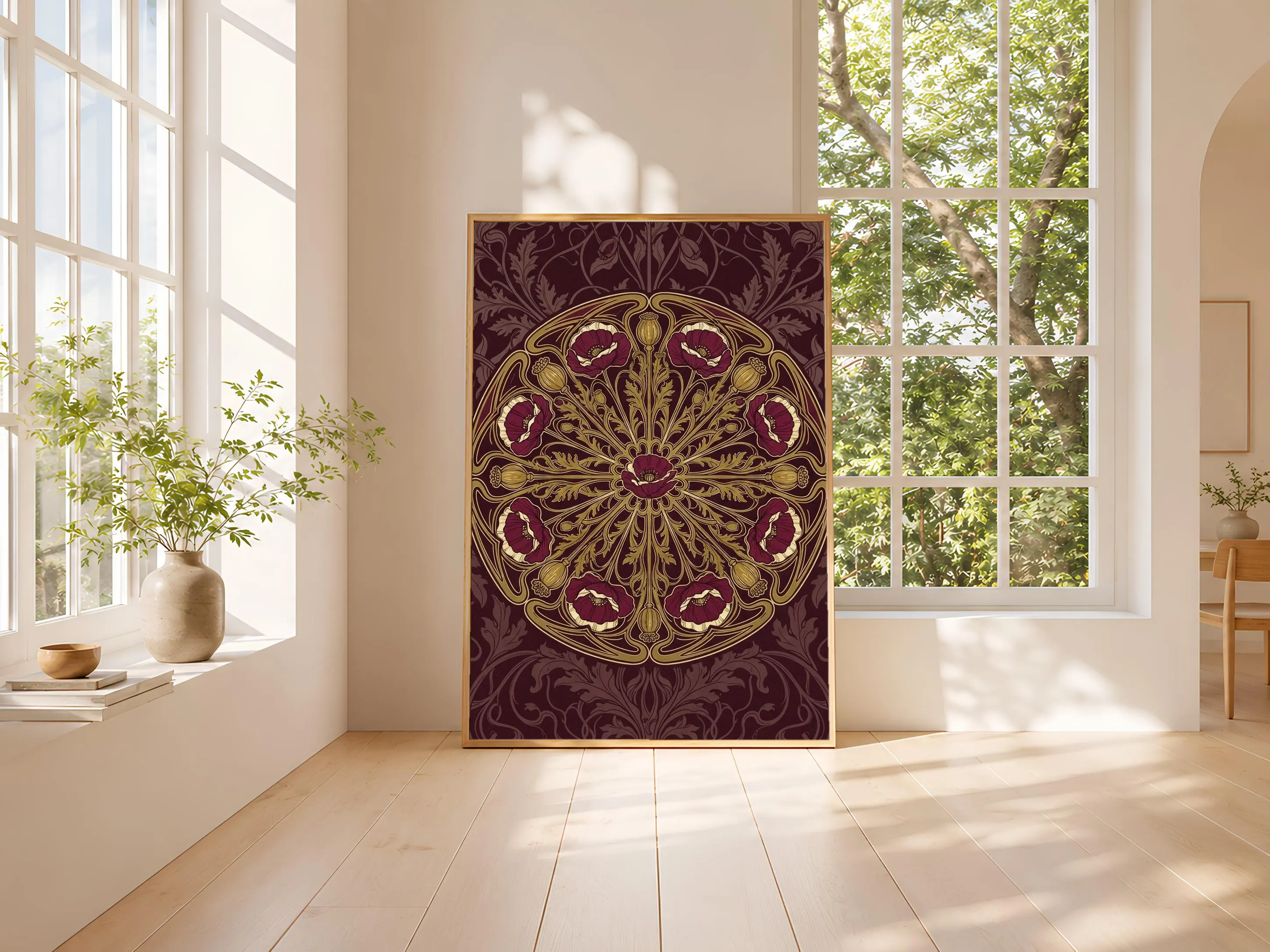 Art Nouveau Poppy Print, Golden Retro Floral Poster, Gold Medallion Wall Art, Dining Room Decor, Housewarming Gift – Calm Wall Art by Artsify thumbnail 3