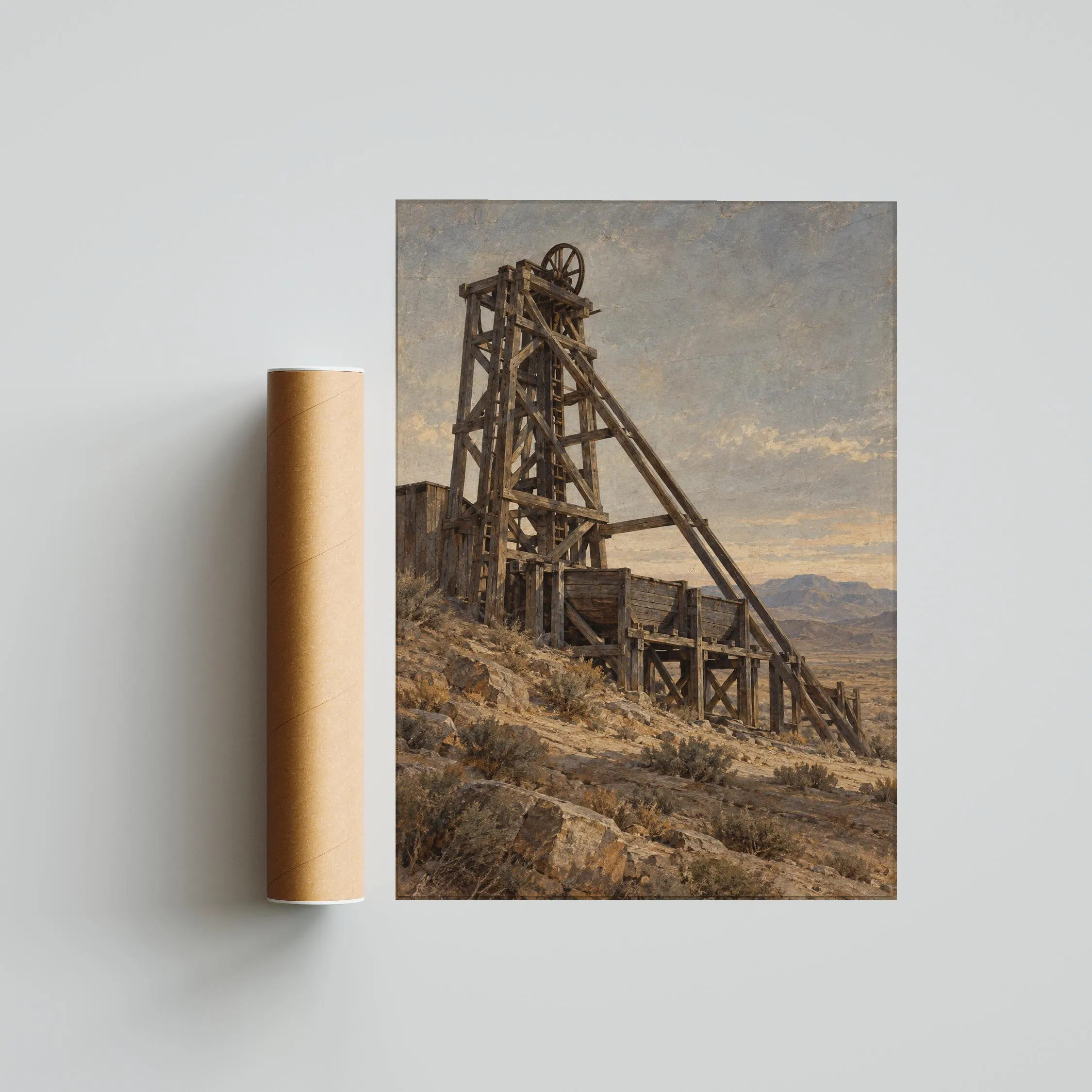 Old Mining Headframe Wall Art, Western Industrial Architecture Painting – Calm Wall Art by Artsify thumbnail 5