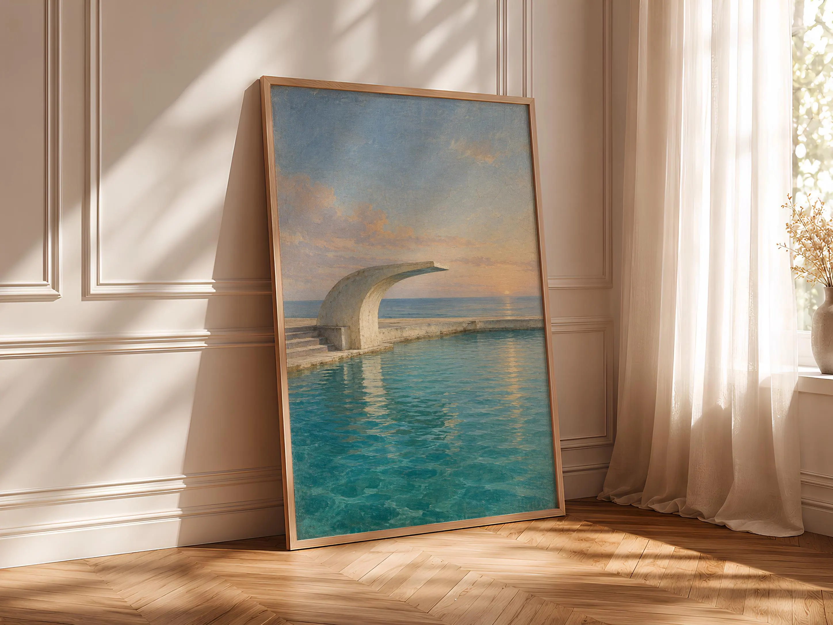 Vintage Poolside Wall Art, Dawn Diving Terrace Oil Painting, Art Deco Decor – Calm Wall Art by Artsify thumbnail 4