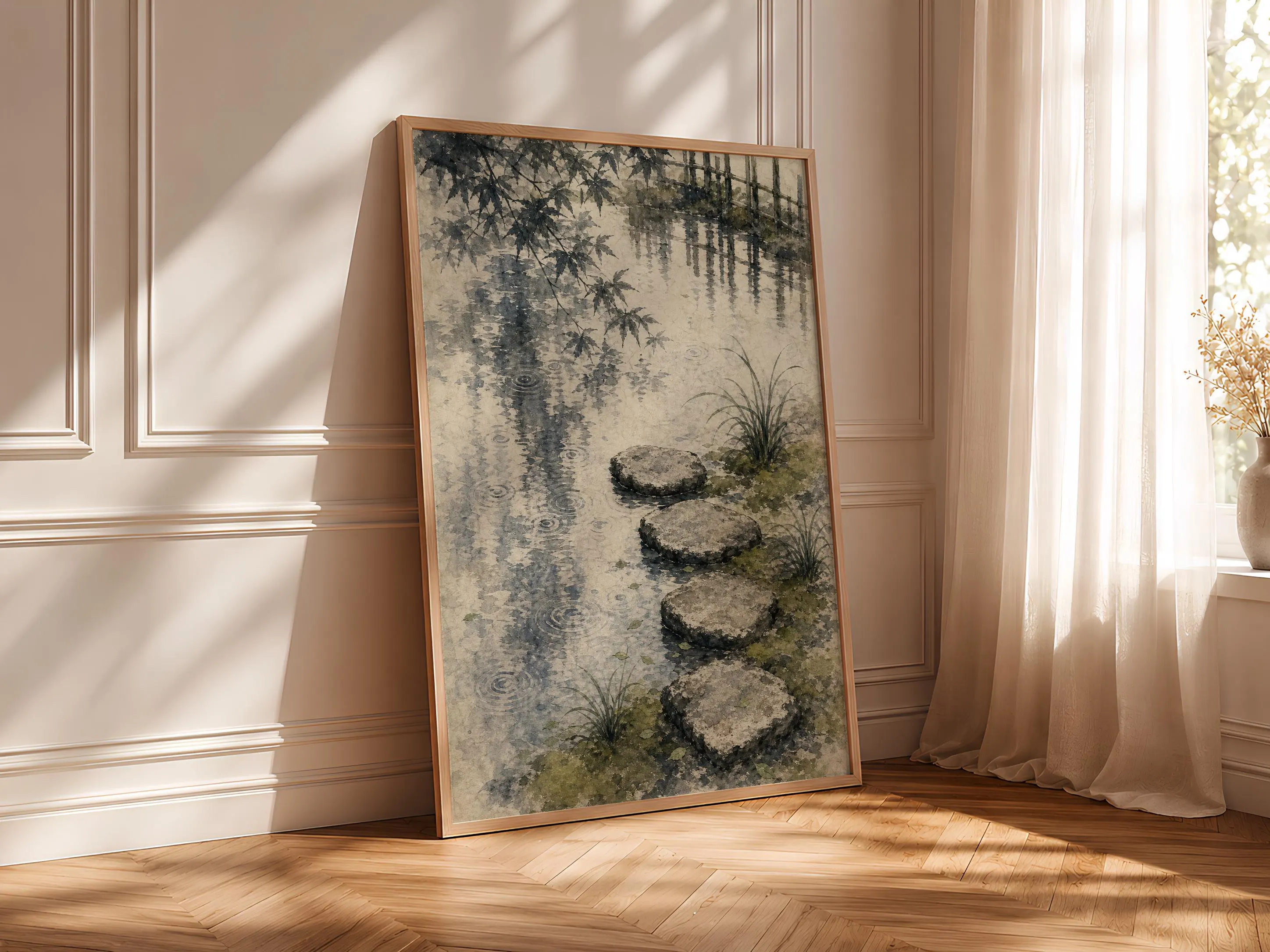 Japanese Tea Garden Print, Stepping Stone Wall Art, Sumi E Pond Poster, Japandi Zen Decor, Housewarming Gift – Calm Wall Art by Artsify thumbnail 4