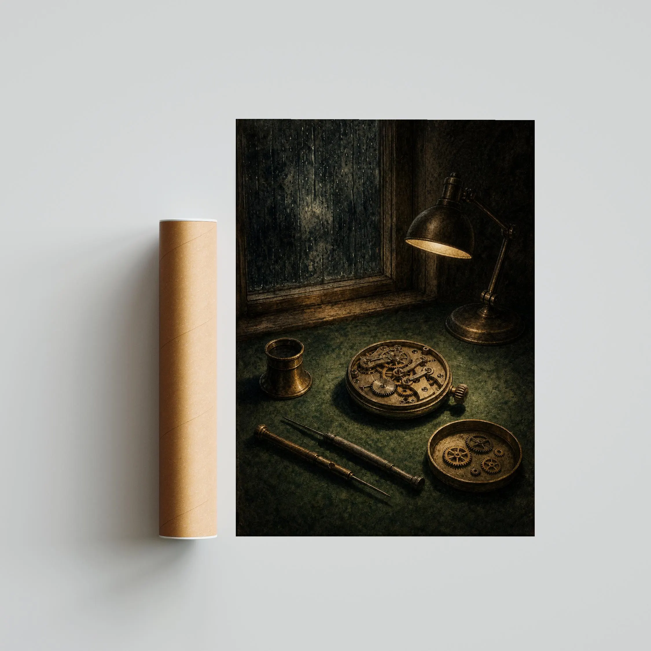 Watchmaker Wall Art, Vintage Horology Still Life Painting, Rainy Window Print – Calm Wall Art by Artsify thumbnail 5