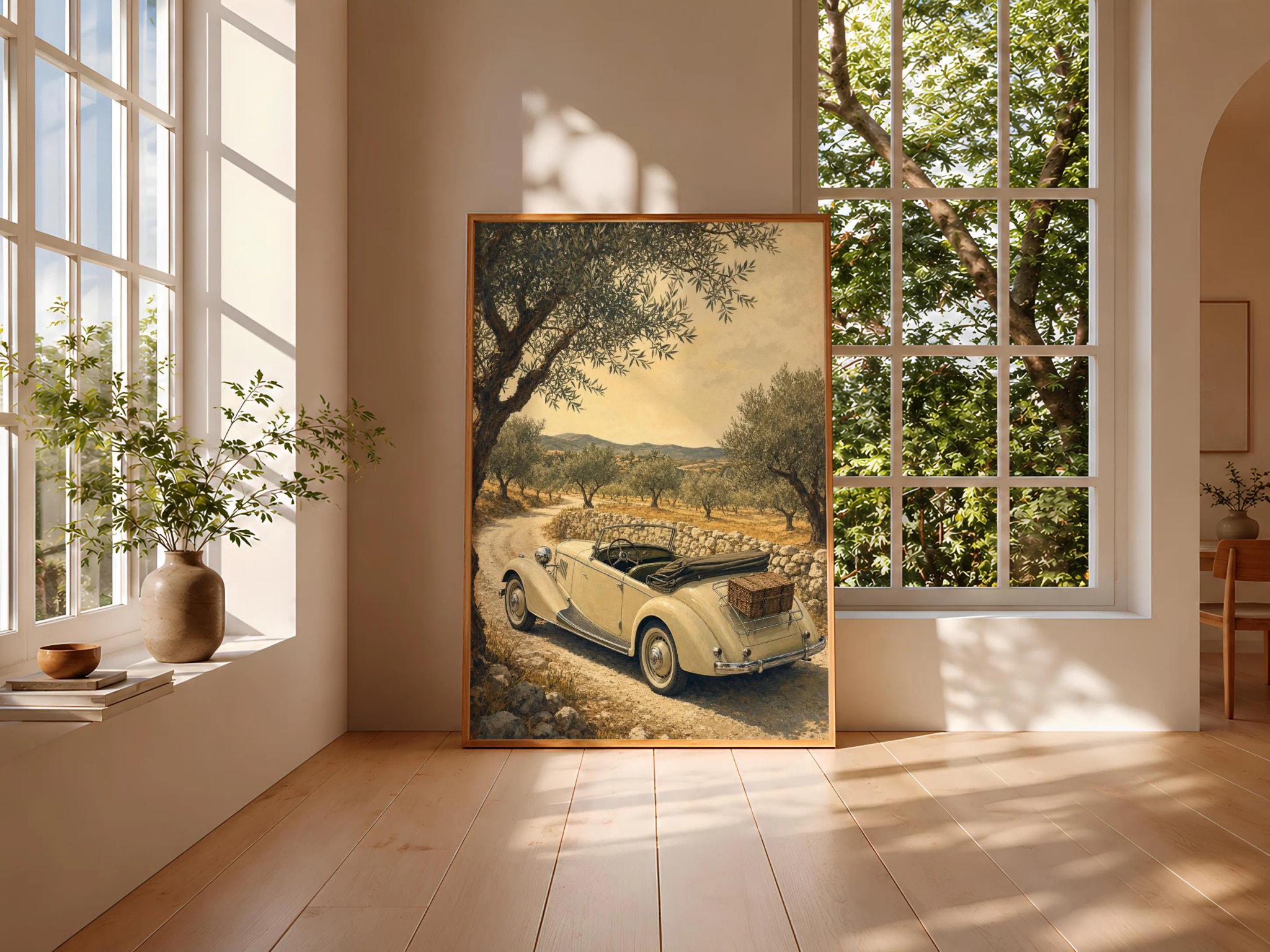 Vintage Roadster Print, Classic Car Wall Art, Mediterranean Olive Grove Poster, Road Trip Decor, Housewarming Gift – Calm Wall Art by Artsify thumbnail 3