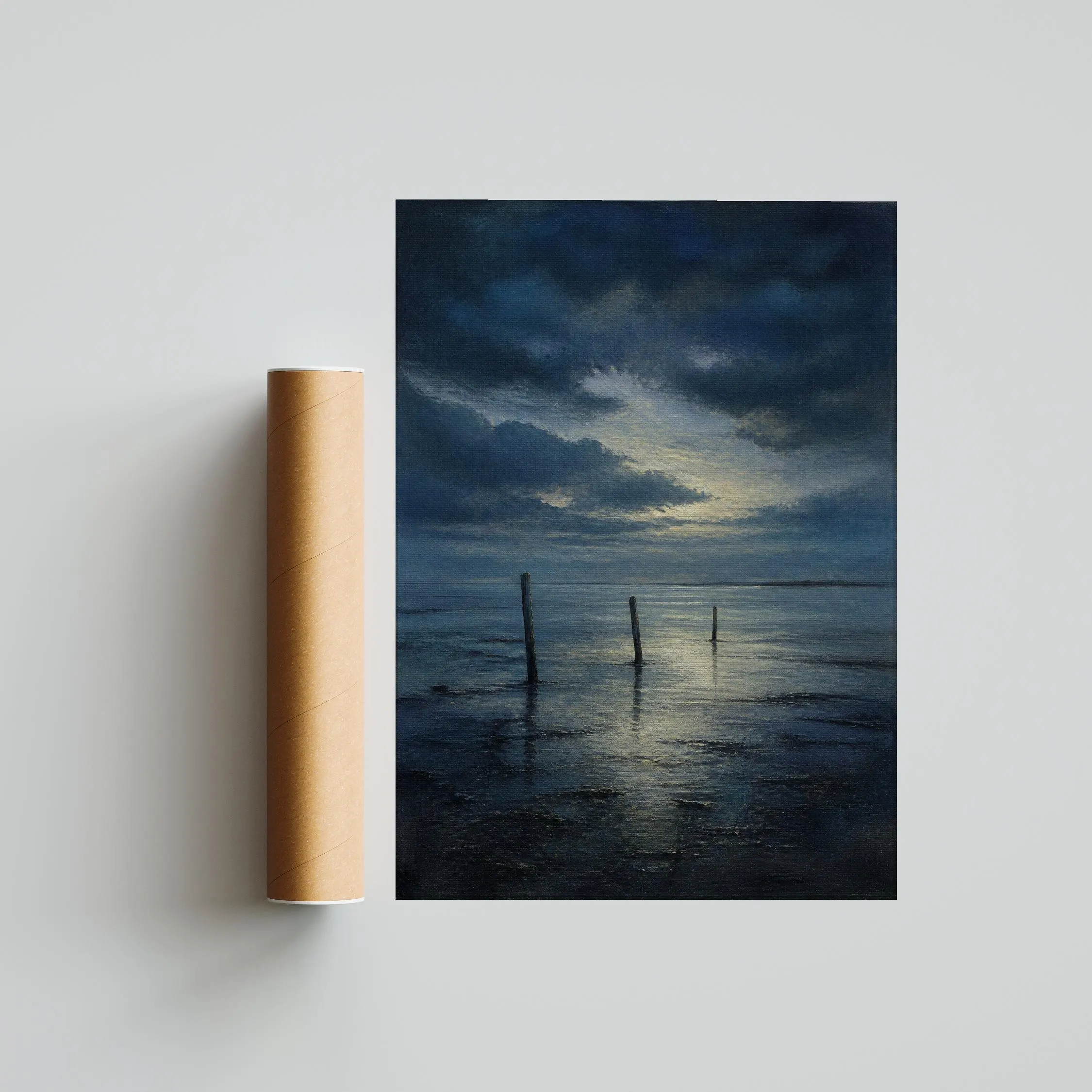 Tidal Flats Wall Art, Moody Blue Coastal Oil Painting Print – Calm Wall Art by Artsify thumbnail 5