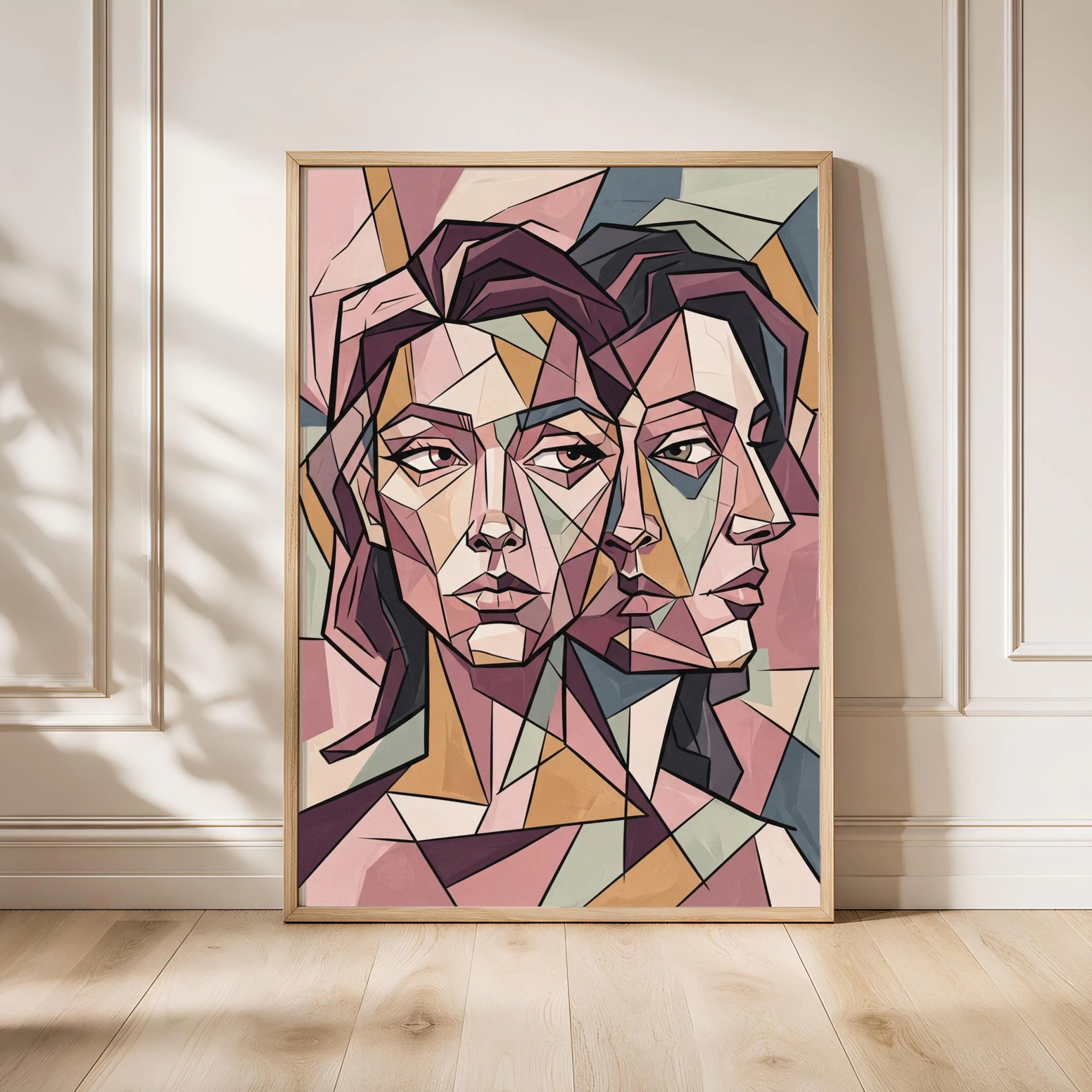 Cubist Duo Portrait Print, Abstract Geometric Faces Poster, Blush Wall Art, Modern Art Gift – Calm Wall Art by Artsify