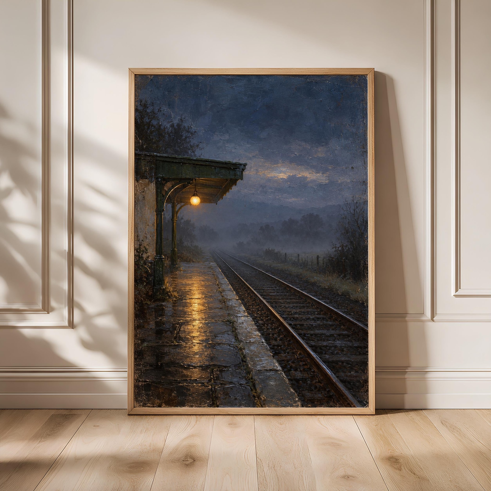Amber Lamp Railway Platform Wall Art, Indigo Dusk Oil Painting, Travel Decor – Calm Wall Art by Artsify