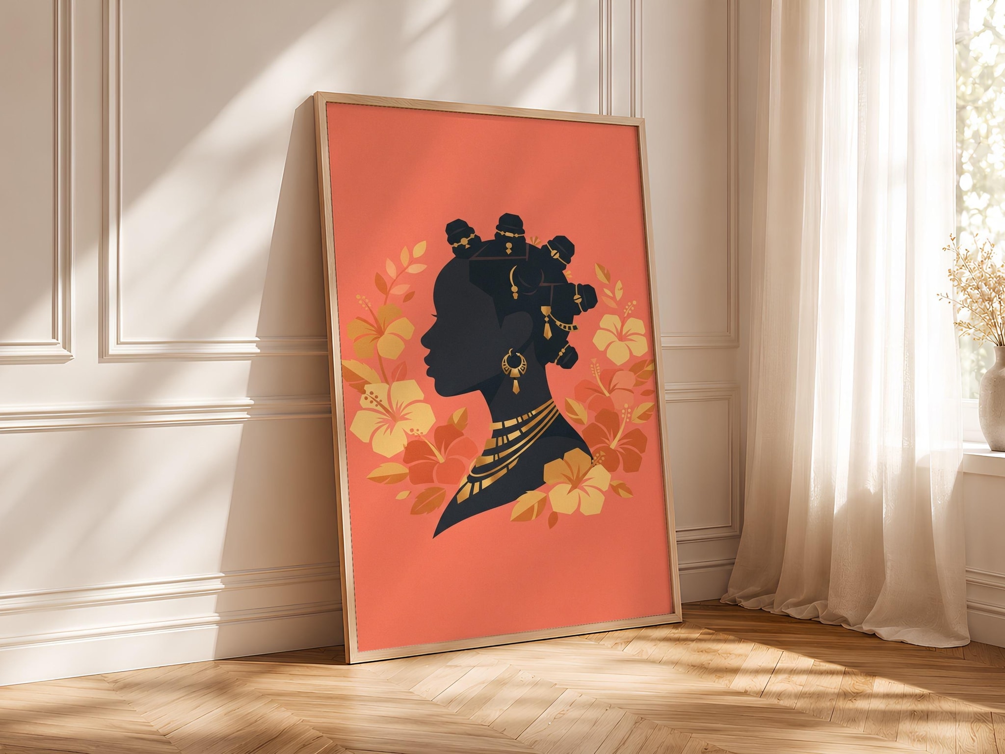 Bantu Knots Wall Art, Afrocentric Silhouette Poster, Hibiscus Flower Print, Bathroom Decor, Housewarming Gift – Calm Wall Art by Artsify thumbnail 4