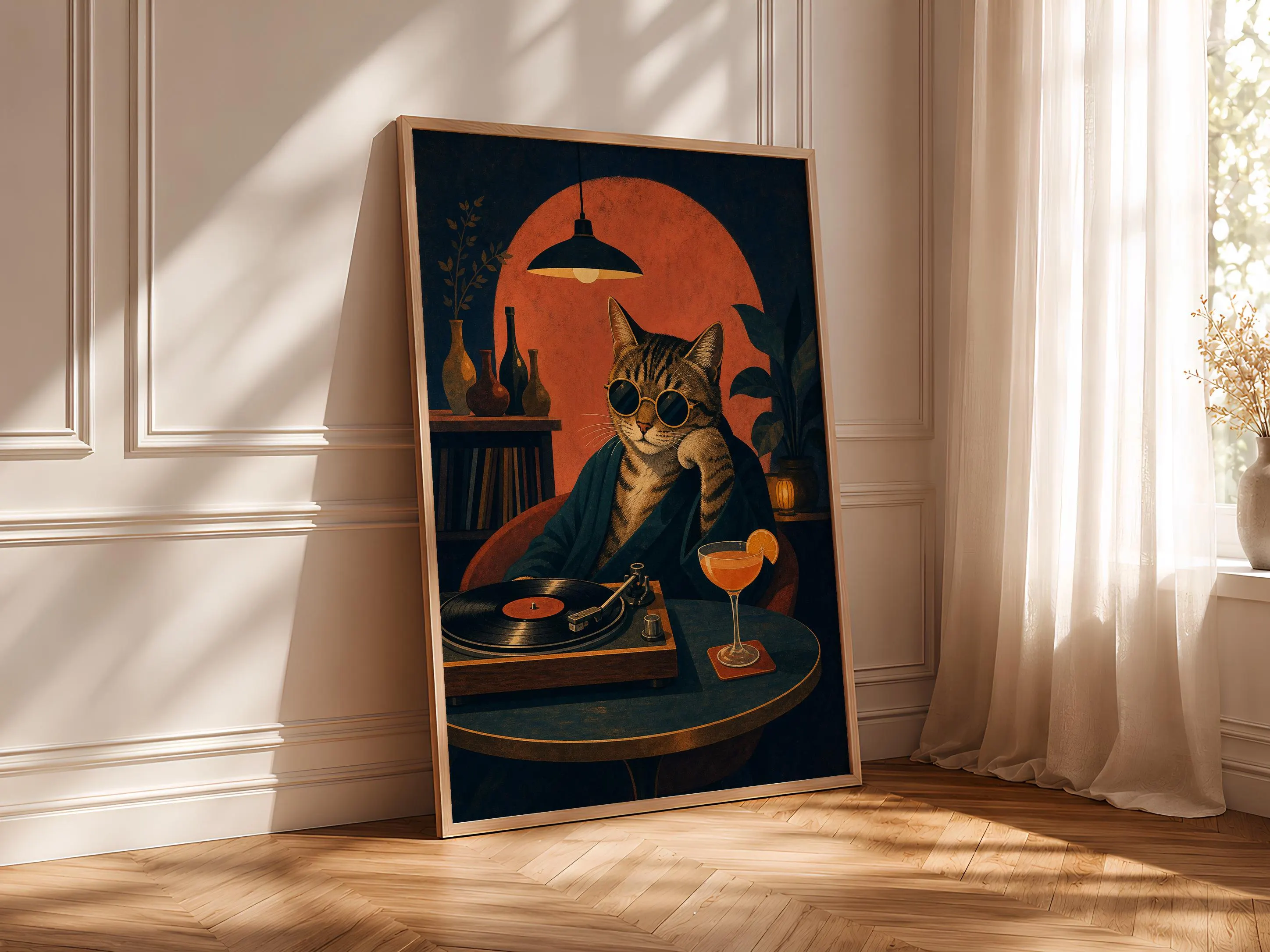 Retro Listening Bar Cat Art Print, Vinyl Record Poster, Mid Century Music Room Wall Art, Quirky Home Bar Decor, Housewarming Gift – Calm Wall Art by Artsify thumbnail 4