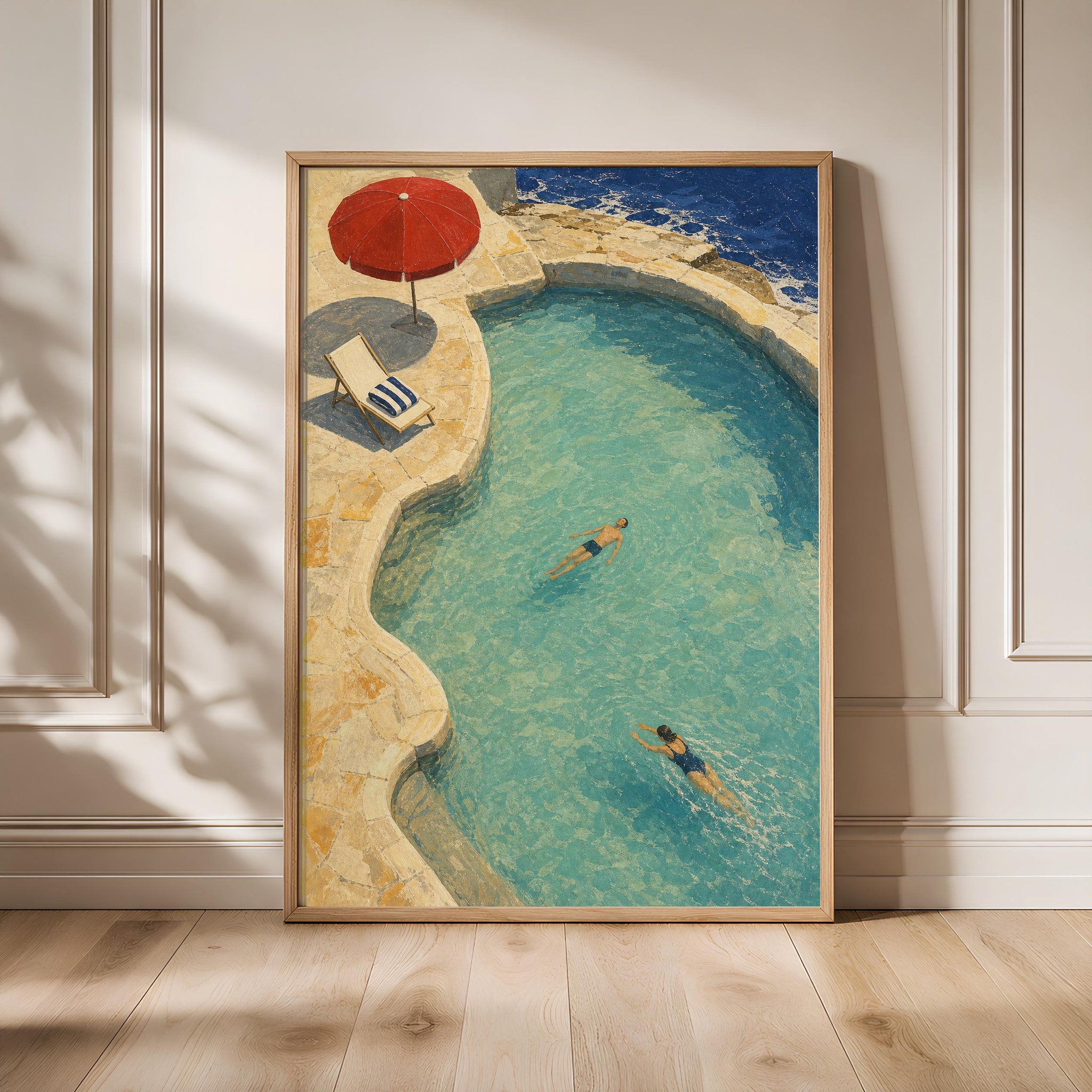 Mediterranean Pool Print, Red Parasol Wall Art, Vintage Riviera Poster, Retro Summer Decor, Housewarming Gift – Calm Wall Art by Artsify