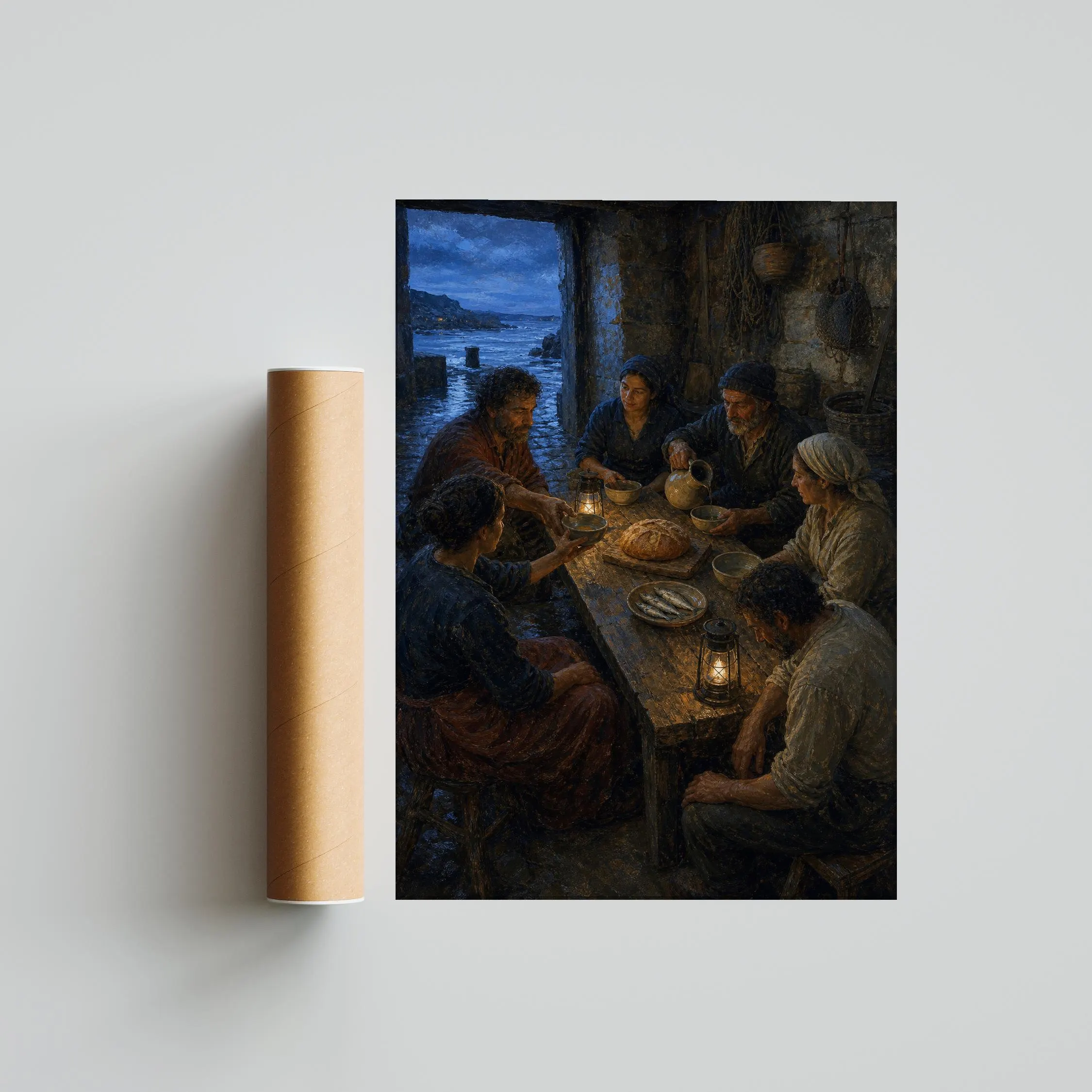 Fisherfolk Blessing Wall Art, Coastal Sacred Supper Painting, Moody Dusk Print – Calm Wall Art by Artsify thumbnail 5