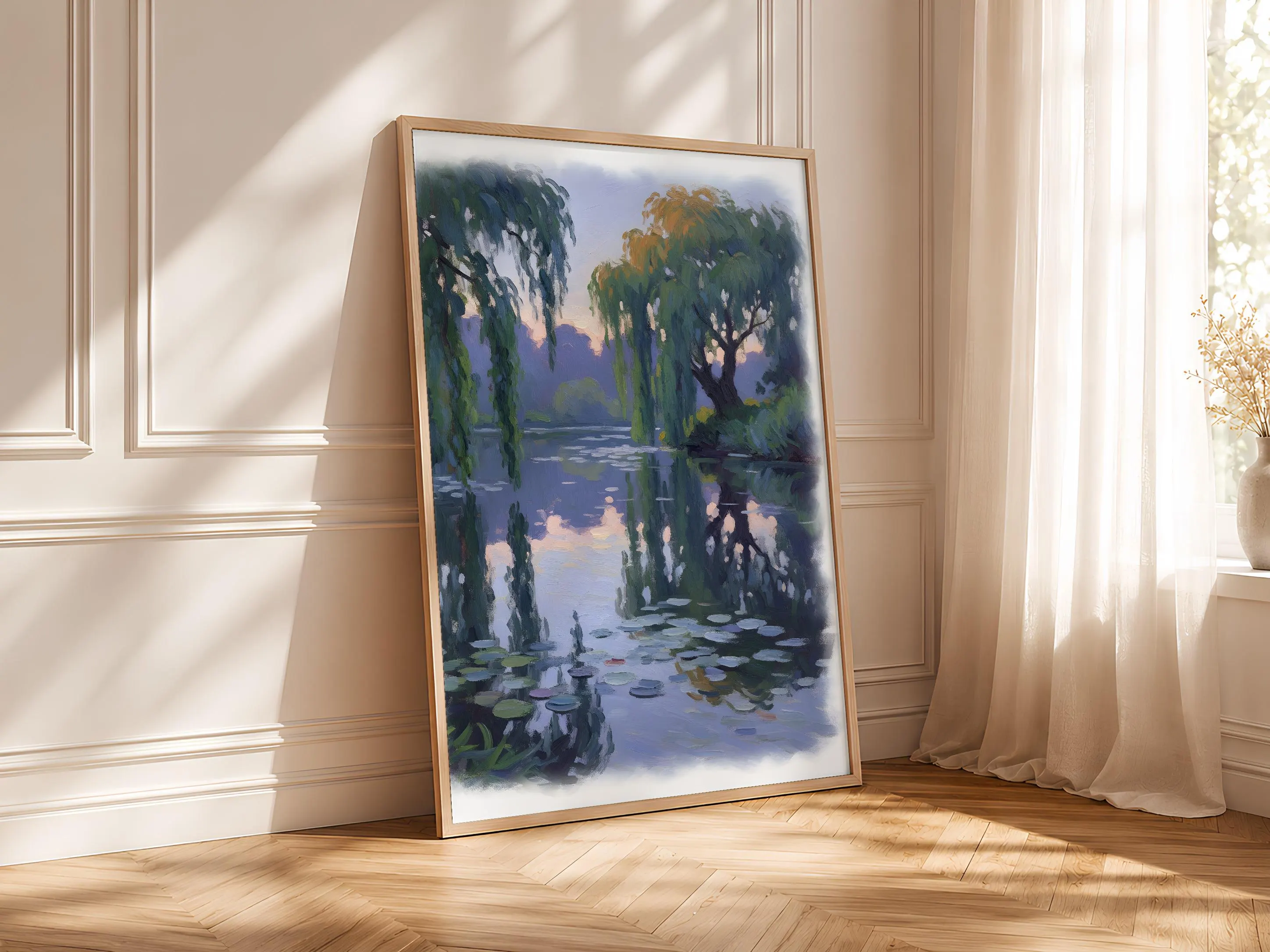 Monet Style Riverbank Print, Impressionist Willow Landscape Poster, Soft Blue Wall Art, Living Room Decor, Housewarming Gift – Calm Wall Art by Artsify thumbnail 4