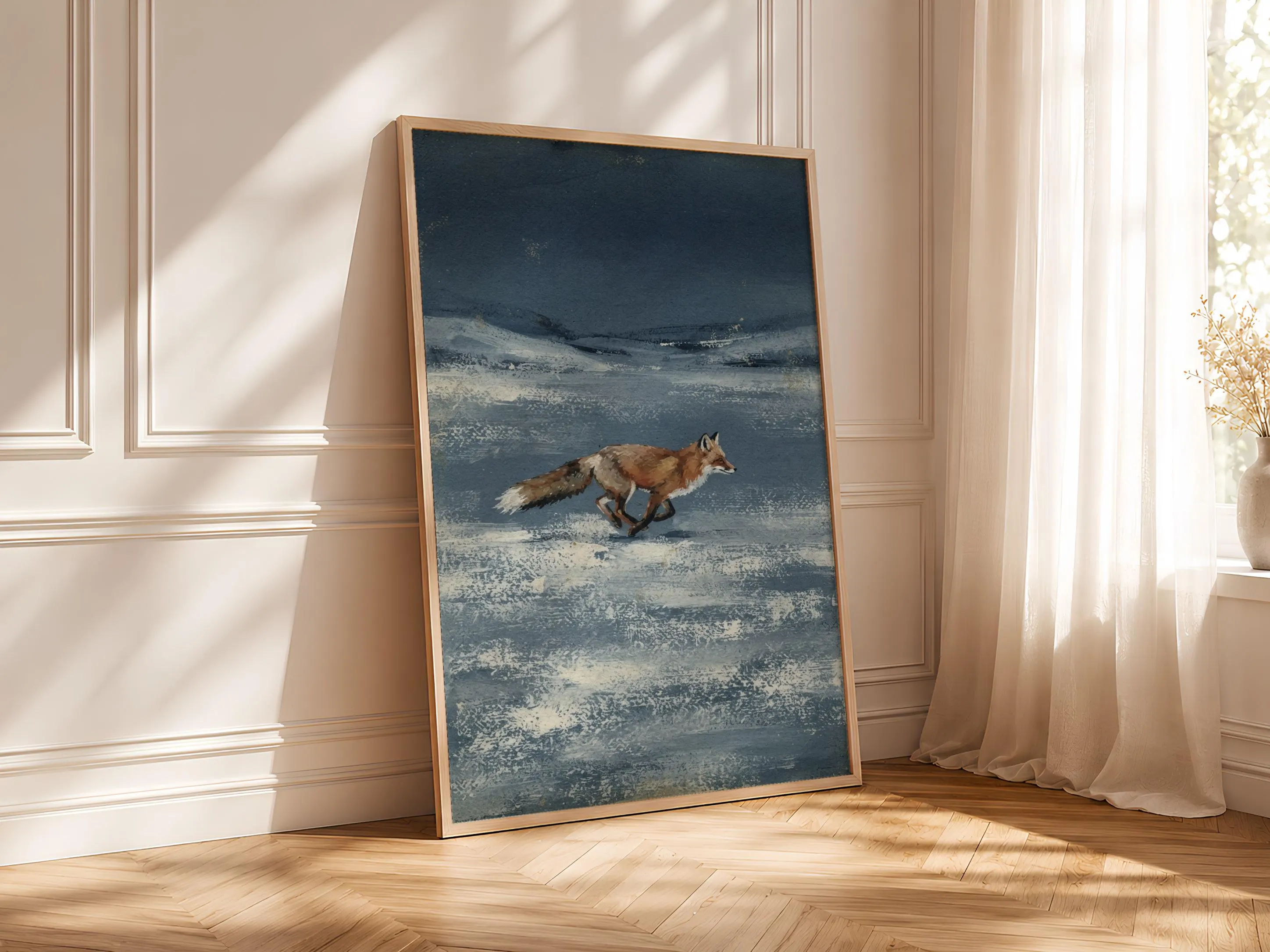 Running Fox Wall Art, Indigo Minimalist Winter Painting, Vintage Woodland Print, Housewarming Gift – Calm Wall Art by Artsify thumbnail 4