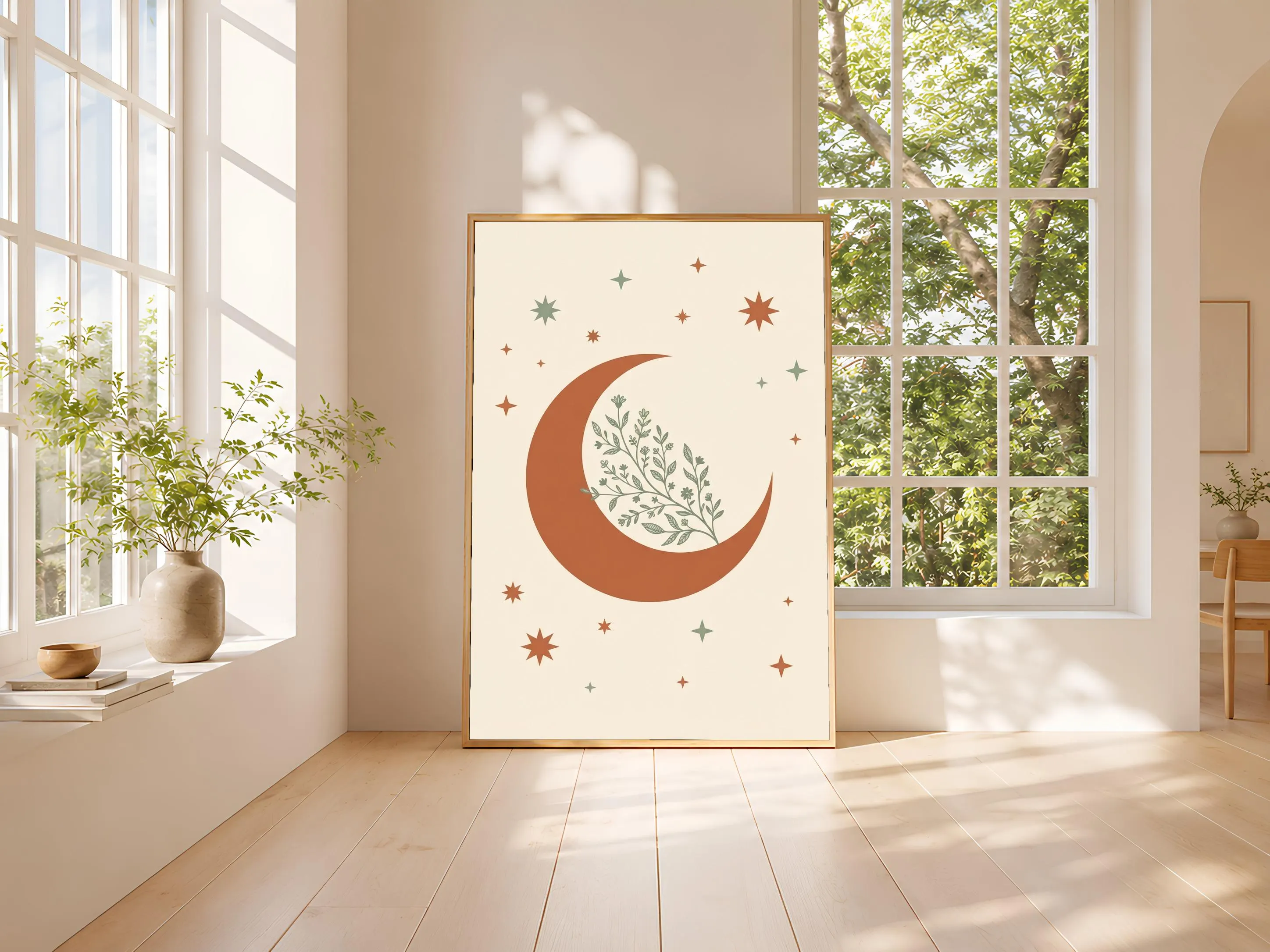 Botanical Crescent Moon Print, Celestial Boho Wall Art, Sage Terracotta Poster, Nursery Decor, Housewarming Gift – Calm Wall Art by Artsify thumbnail 3