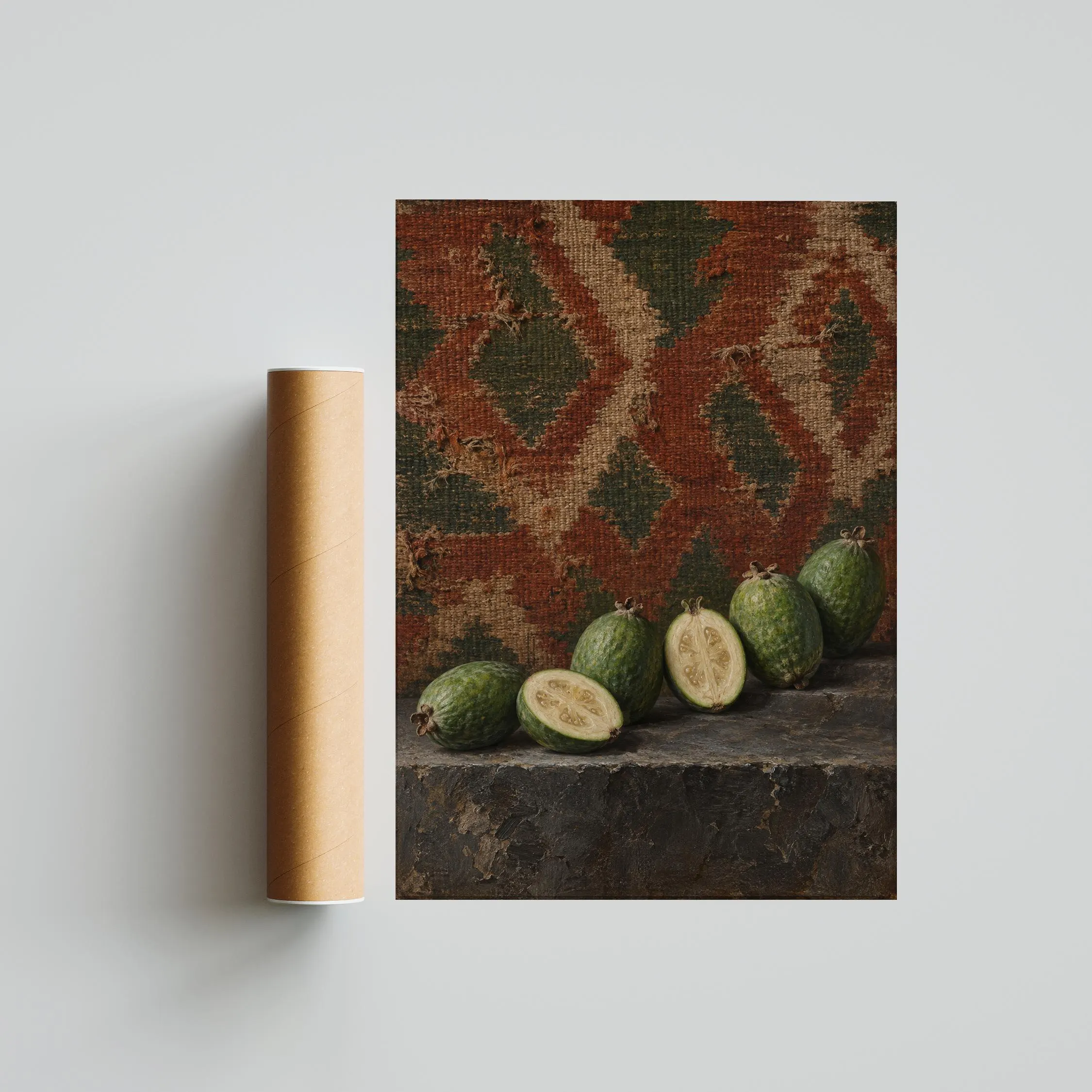 Feijoa Wall Art, Rustic Kilim Fruit Still Life Painting – Calm Wall Art by Artsify thumbnail 5