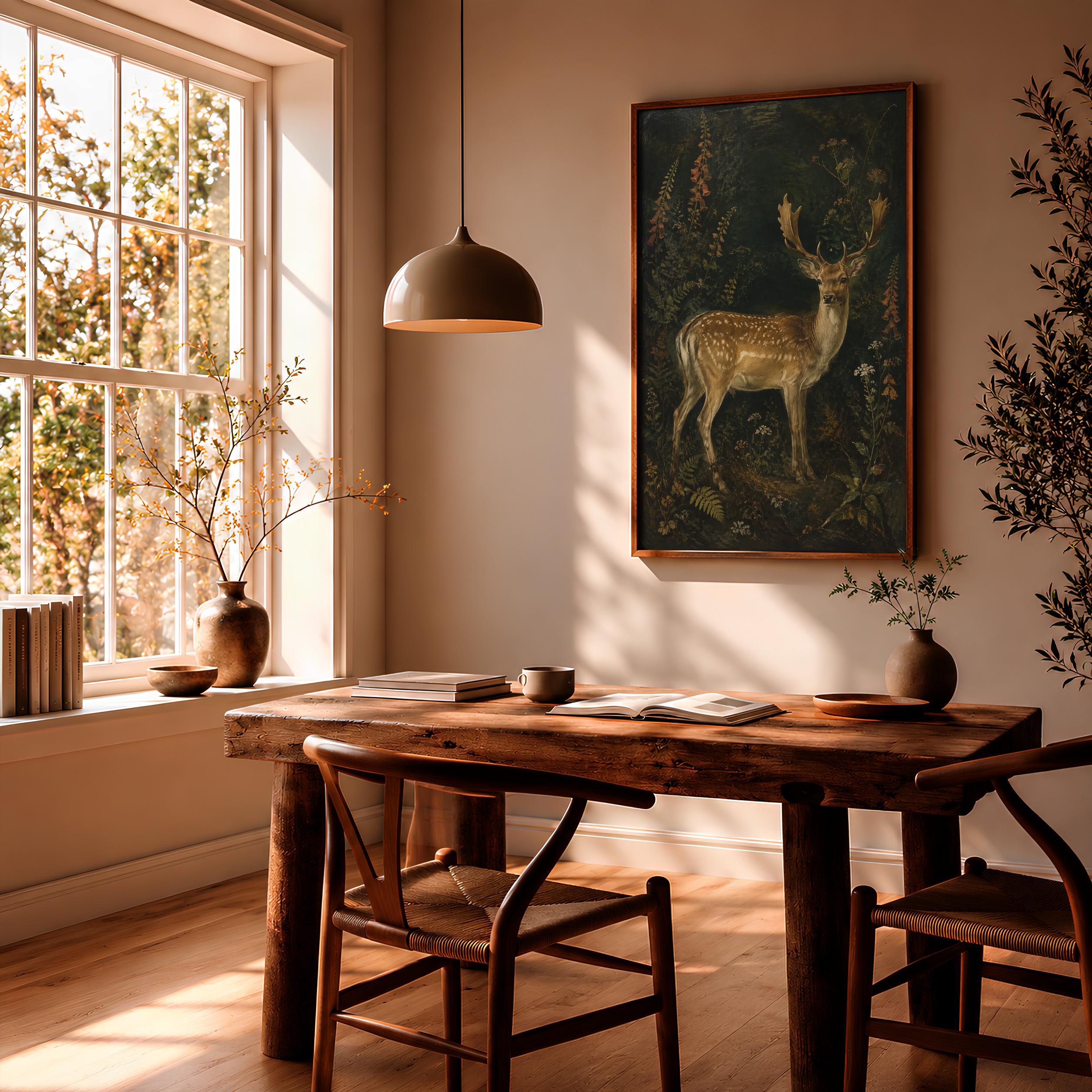 Fallow Deer Wall Art, Dark Botanical Oil Painting – Calm Wall Art by Artsify thumbnail 2