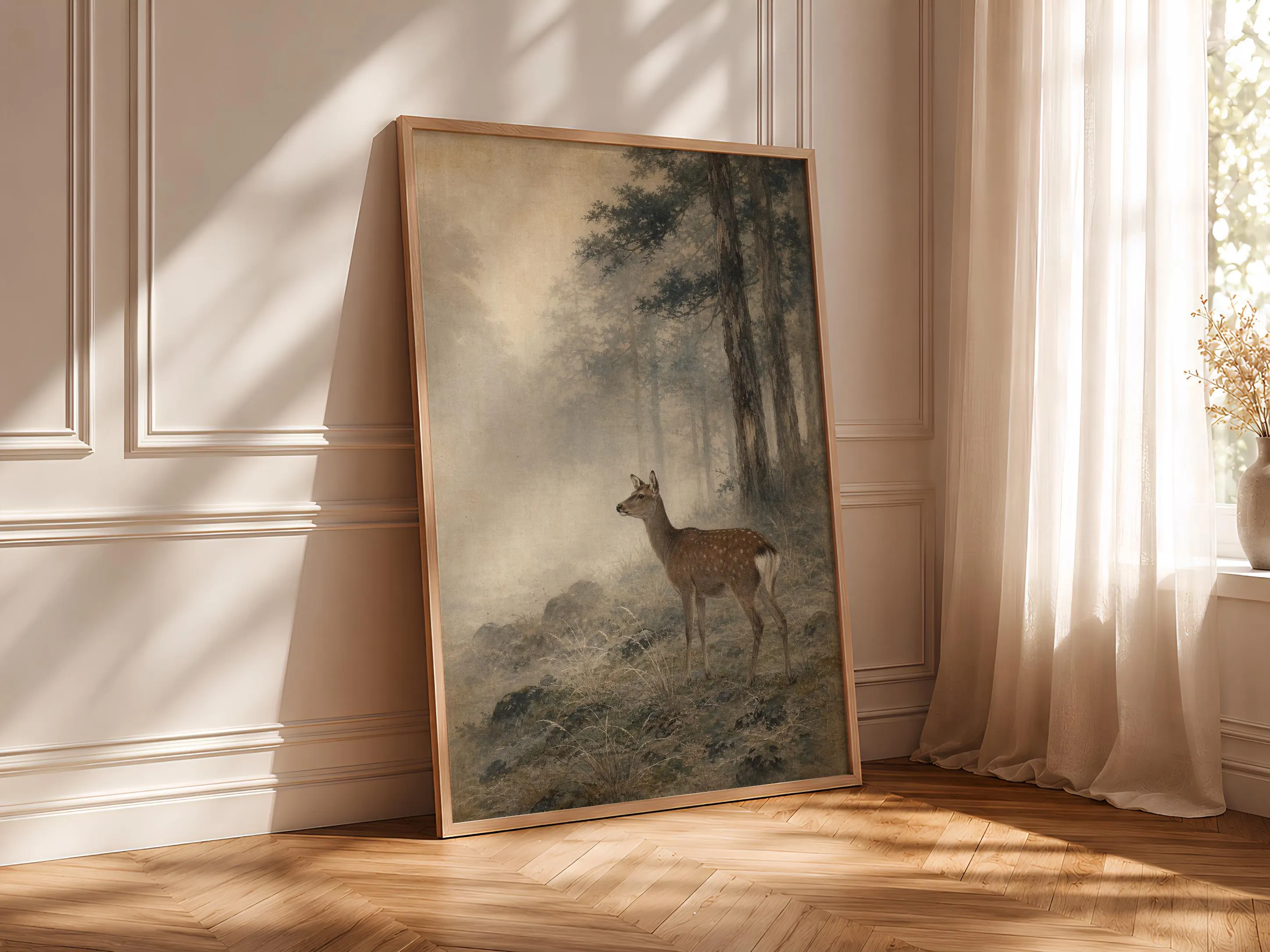 Sika Deer Painting Print, Japanese Wildlife Wall Art, Cedar Forest Poster, Woodland Nature Decor, Housewarming Gift – Calm Wall Art by Artsify thumbnail 4
