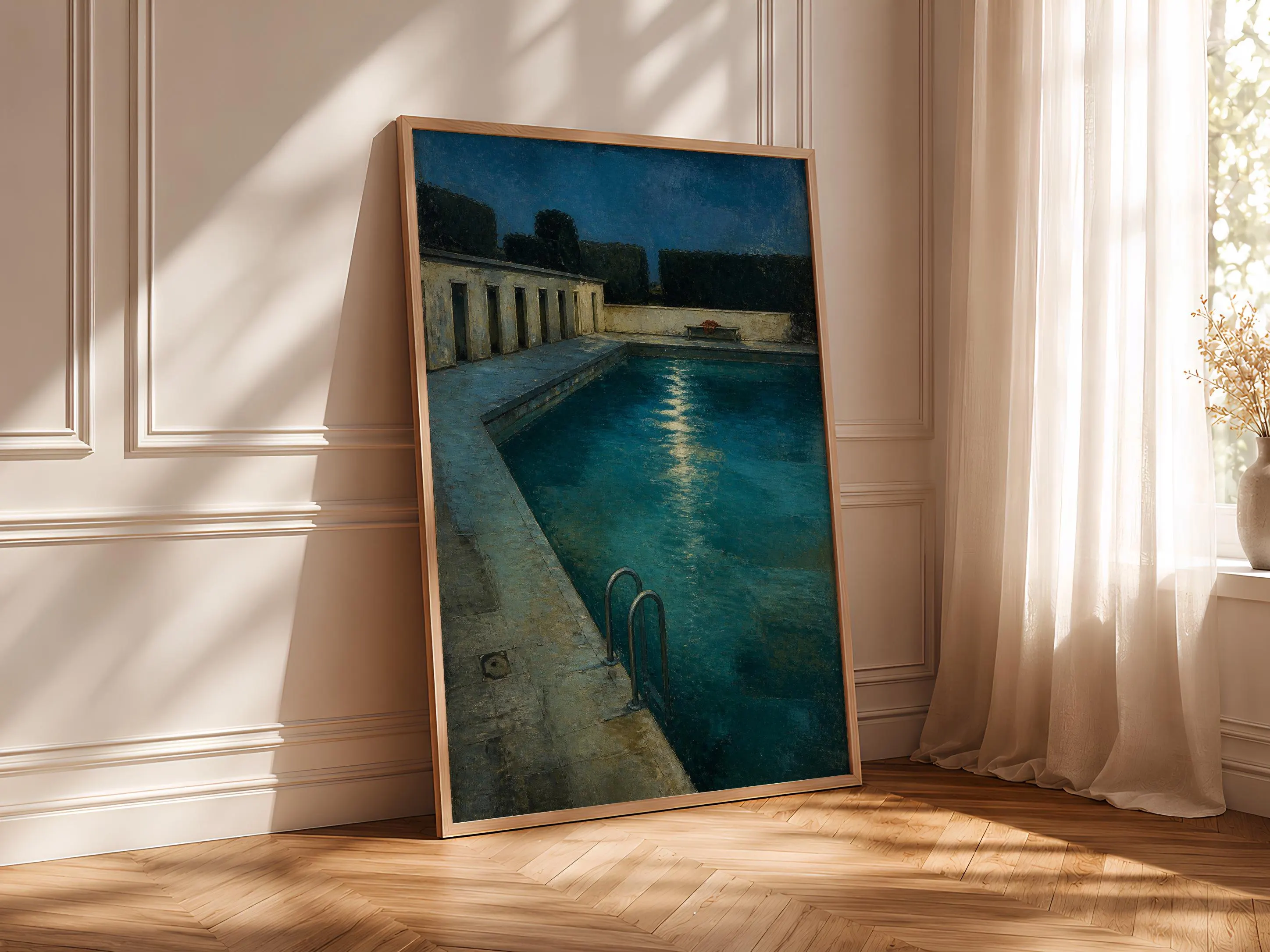 After Hours Lido Wall Art, Nocturnal Swimming Pool Painting, Moody Teal Poolside Print – Calm Wall Art by Artsify thumbnail 4