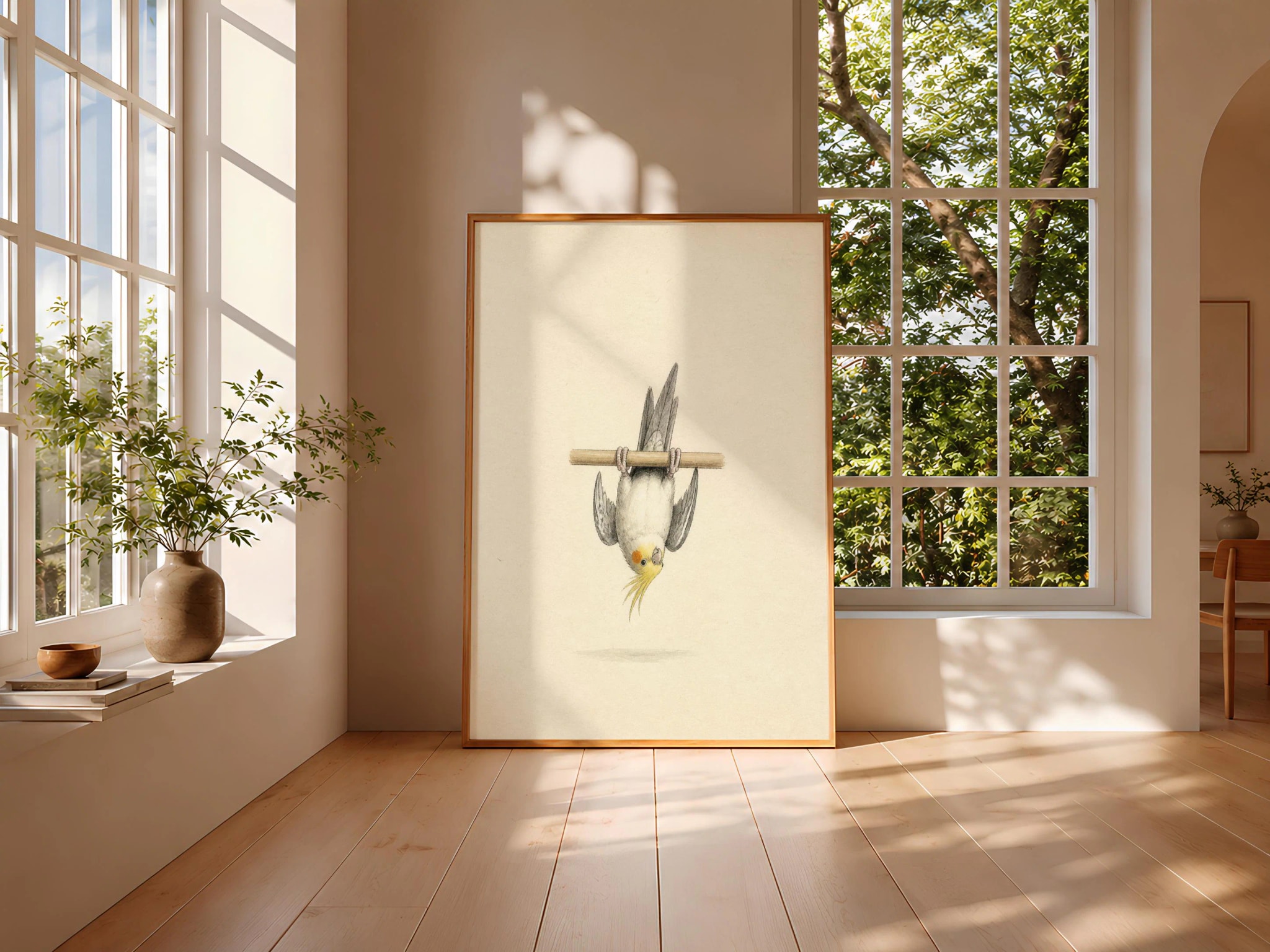 Funny Cockatiel Wall Art, Upside Down Bird, Minimalist Pet Painting – Calm Wall Art by Artsify thumbnail 3