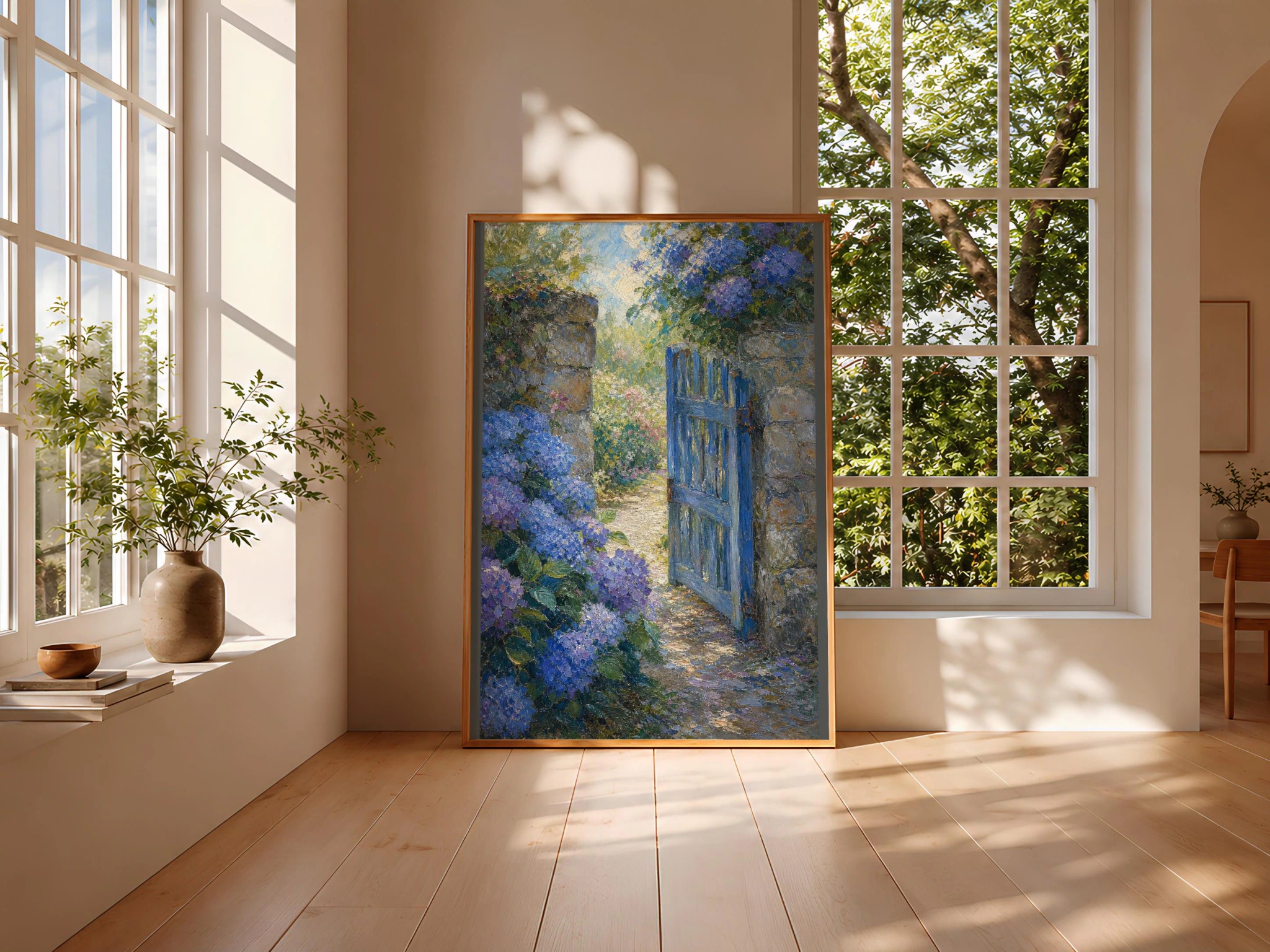 Monet Style Garden Gate Print, Blue Hydrangea Wall Art, Impressionist Cottage Poster, Floral Garden Decor, Housewarming Gift – Calm Wall Art by Artsify thumbnail 3