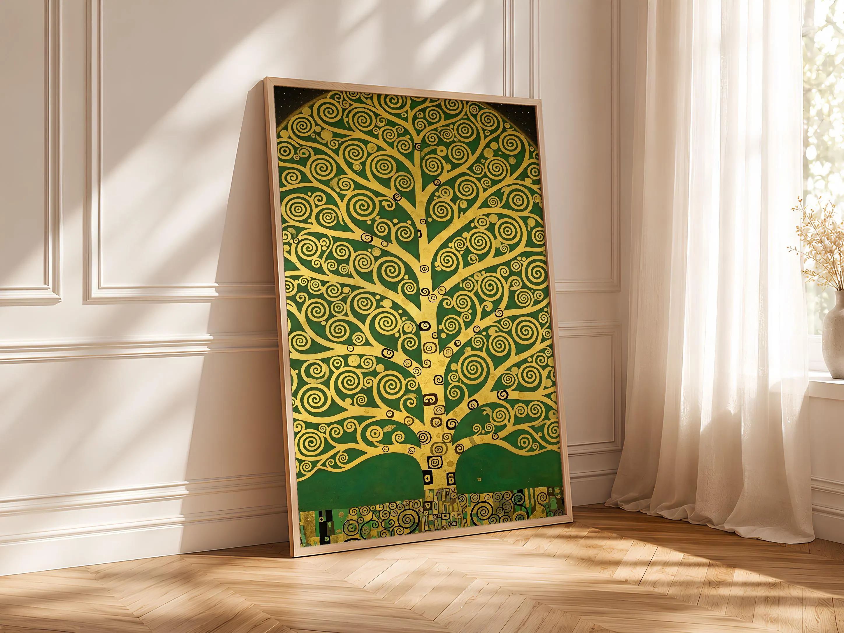 Klimt Style Tree Print, Symbolist Gold Ornamental Poster, Emerald Wall Art, Living Room Decor, Housewarming Gift – Calm Wall Art by Artsify thumbnail 4